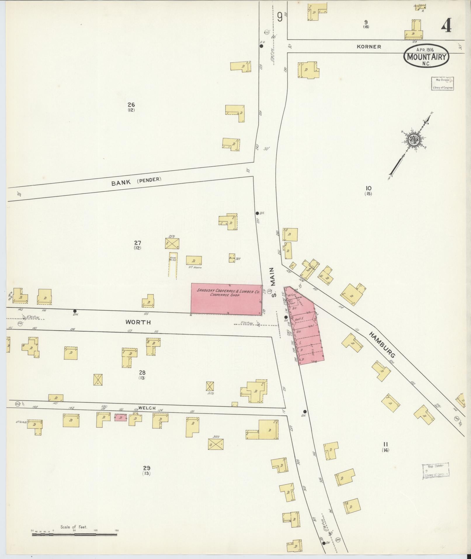 Sanborn Fire Insurance Map from Mount Airy, Surry County, North Carolina (1916), Sheet #0004 - Historic Sanborn Fire Insurance Map Print, vintage old map wall art, antique decor, genealogy gift, North Carolina North Carolina map