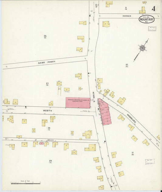 Sanborn Fire Insurance Map from Mount Airy, Surry County, North Carolina (1916), Sheet #0004 - Historic Sanborn Fire Insurance Map Print, vintage old map wall art, antique decor, genealogy gift, North Carolina North Carolina map
