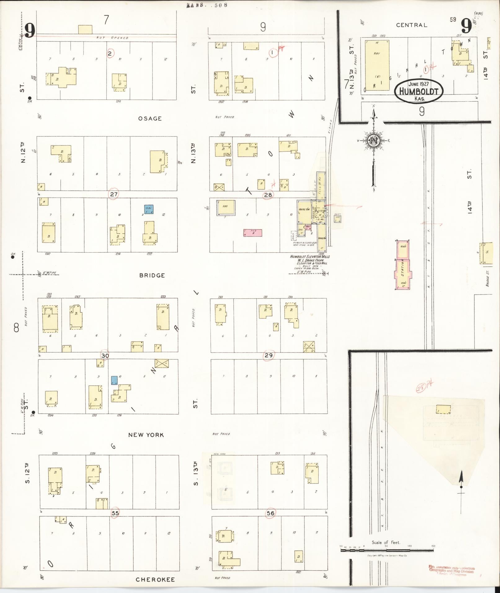 Sanborn Fire Insurance Map from Humboldt, Allen County, Kansas (1936), Sheet #0009 - Historic Sanborn Fire Insurance Map Print, vintage old map wall art, antique decor, genealogy gift, Kansas Kansas map