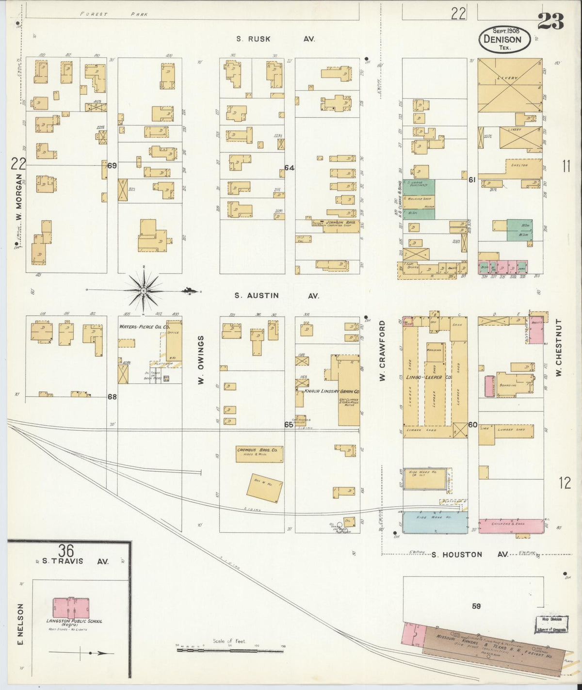 Sanborn Fire Insurance Map from Denison, Grayson County, Texas (1908), Sheet #0023 - Complete Map Set gallery image, historic Sanborn map, vintage wall art, Texas Texas