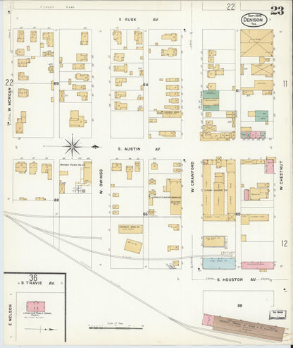 Sanborn Fire Insurance Map from Denison, Grayson County, Texas (1908), Sheet #0023 - Complete Map Set gallery image, historic Sanborn map, vintage wall art, Texas Texas