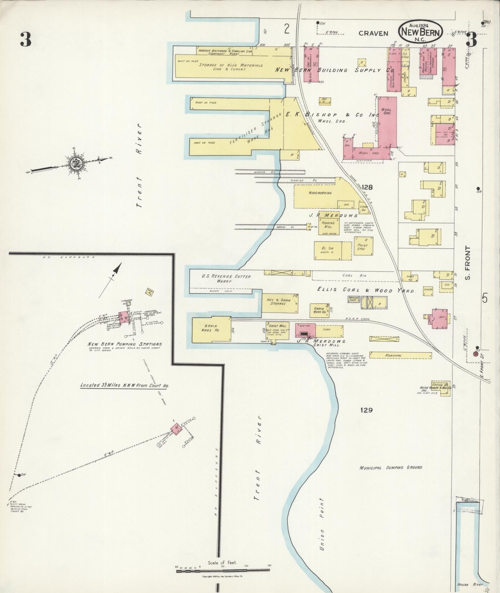 Sanborn Fire Insurance Map from New Bern, Craven County, North Carolina (1924), Sheet #0003 - Complete Map Set gallery image, historic Sanborn map, vintage wall art, North Carolina North Carolina