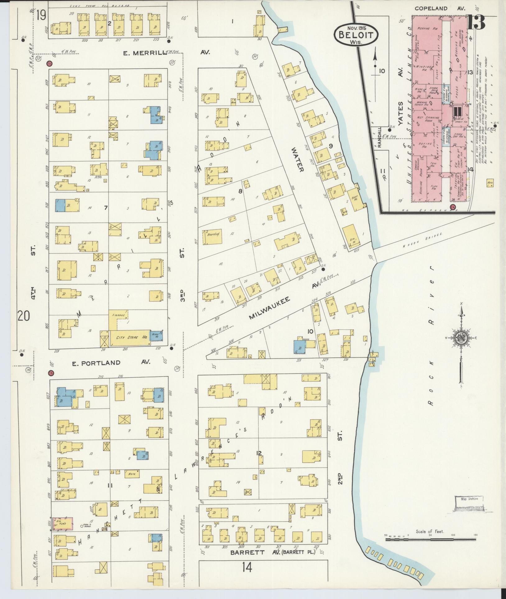 Sanborn Fire Insurance Map from Beloit, Rock County, Wisconsin (1915), Sheet #0013 - Complete Map Set gallery image, historic Sanborn map, vintage wall art, Wisconsin Wisconsin