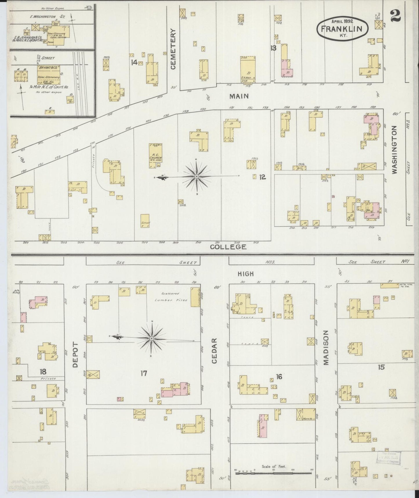 Sanborn Fire Insurance Map from Franklin, Simpson County, Kentucky (1892), Sheet #0002 - Historic Sanborn Fire Insurance Map Print, vintage old map wall art, antique decor, genealogy gift, Kentucky Kentucky map