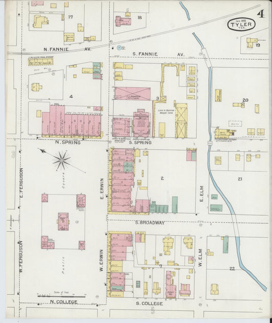 Sanborn Fire Insurance Map from Tyler, Smith County, Texas (1893), Sheet #0004 - Historic Sanborn Fire Insurance Map Print, vintage old map wall art, antique decor, genealogy gift, Texas Texas map