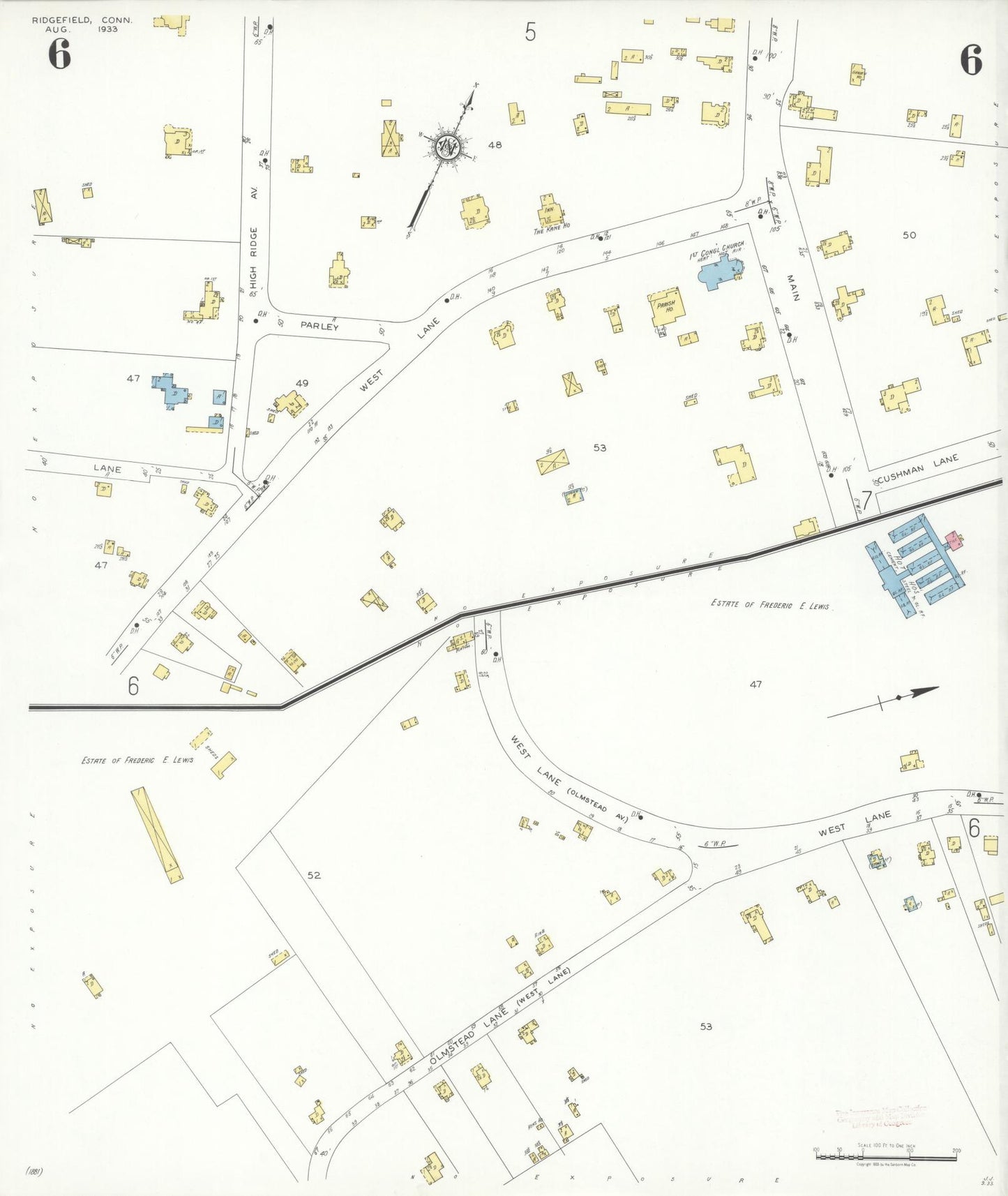 Sanborn Fire Insurance Map from Ridgefield, Fairfield County, Connecticut (1933), Sheet #0006 - Complete Map Set gallery image, historic Sanborn map, vintage wall art, Connecticut Connecticut
