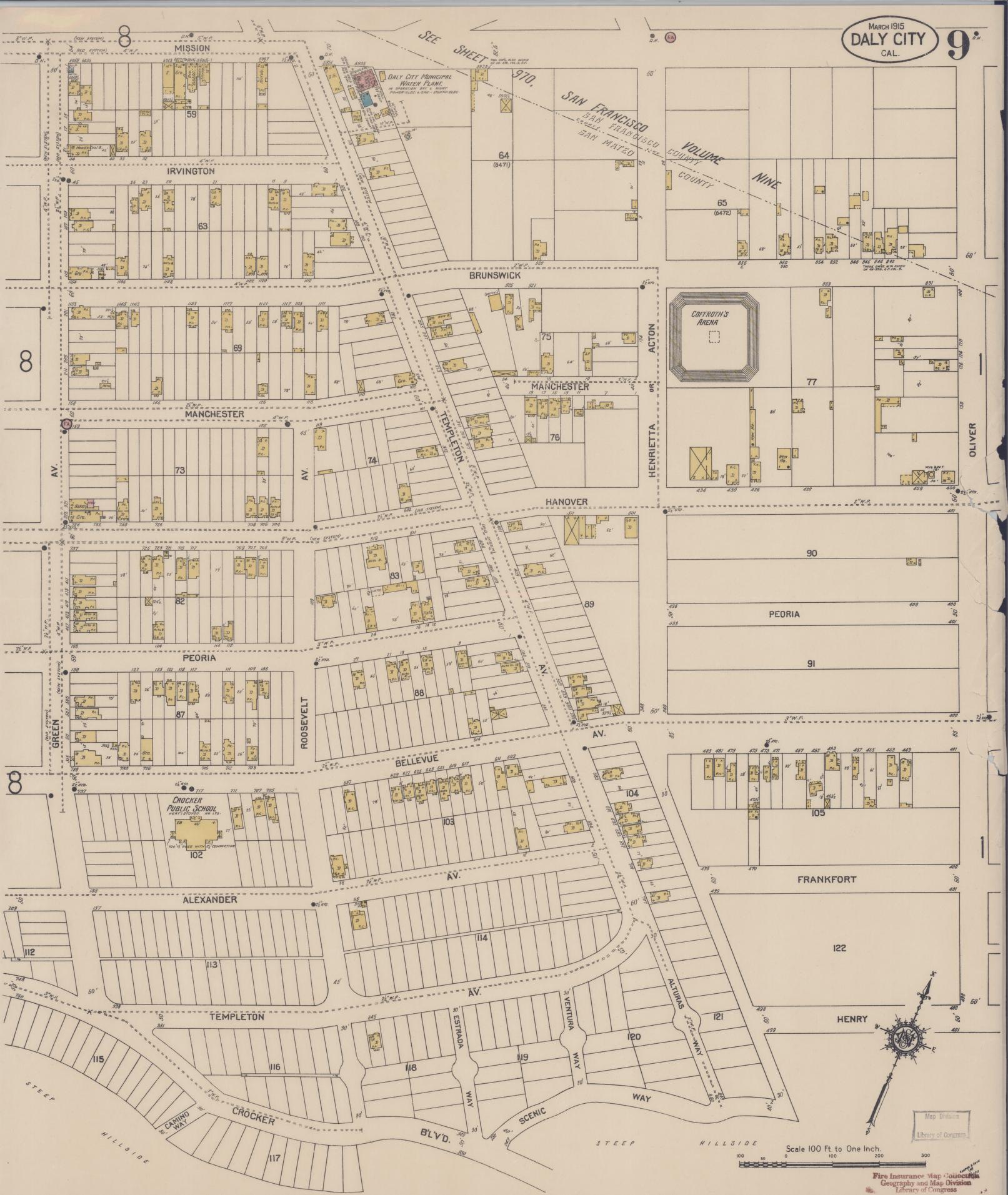 Sanborn Fire Insurance Map from Daly City, San Mateo County, California (1915), Sheet #0009 - Complete Map Set gallery image, historic Sanborn map, vintage wall art, California California