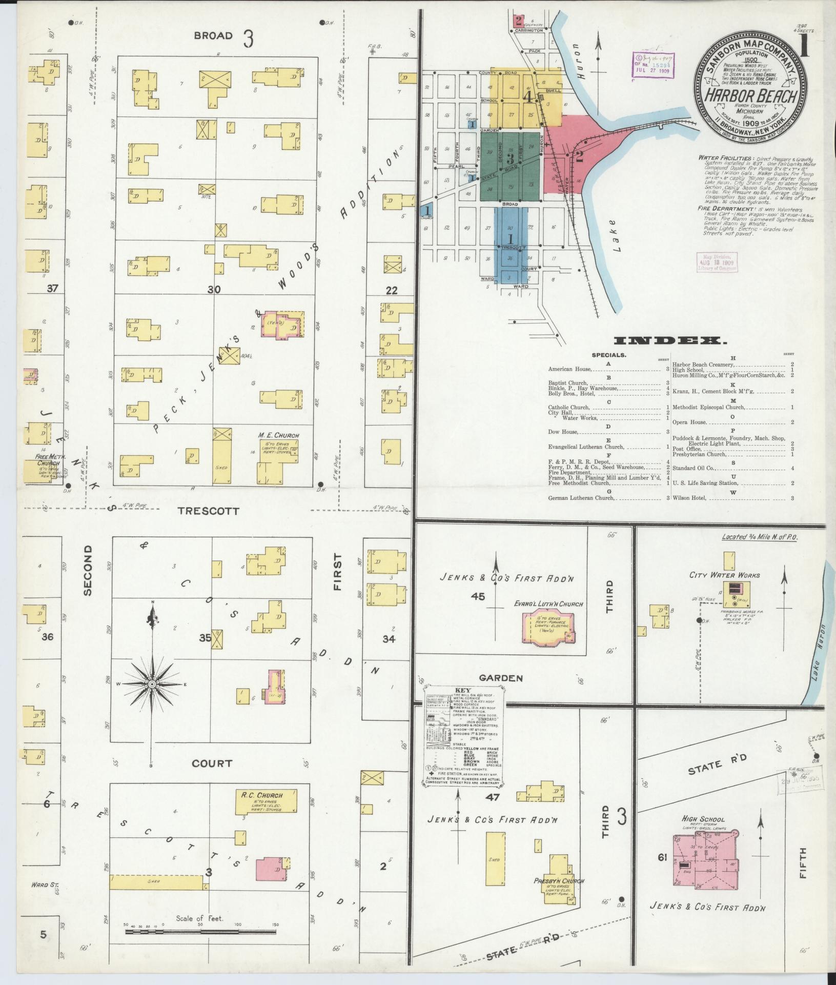 Sanborn Fire Insurance Map from Harbor Beach, Huron County, Michigan (1909), Sheet #0001 - Complete Map Set gallery image, historic Sanborn map, vintage wall art, Michigan Michigan
