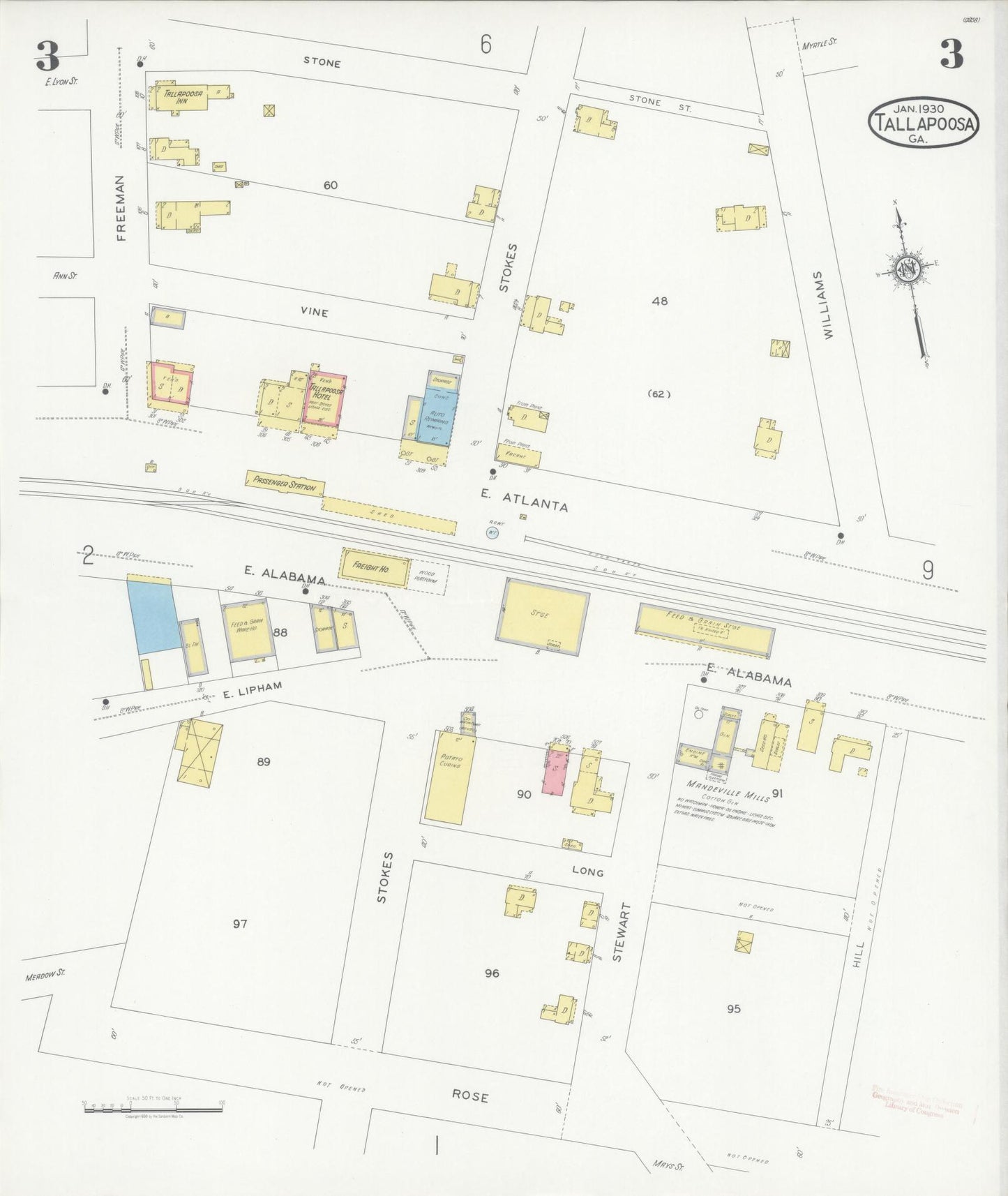 Sanborn Fire Insurance Map from Tallapoosa, Haralson County, Georgia (1930), Sheet #0003 - Historic Sanborn Fire Insurance Map Print, vintage old map wall art, antique decor, genealogy gift, Georgia Georgia map