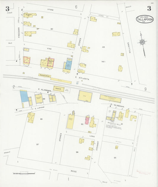 Sanborn Fire Insurance Map from Tallapoosa, Haralson County, Georgia (1930), Sheet #0003 - Historic Sanborn Fire Insurance Map Print, vintage old map wall art, antique decor, genealogy gift, Georgia Georgia map