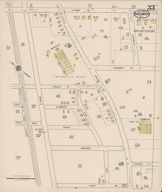 Sanborn Fire Insurance Map from Englewood, Bergen County, New Jersey (1922), Sheet #0033 - Historic Sanborn Fire Insurance Map Print, vintage old map wall art, antique decor, genealogy gift, New Jersey New Jersey map