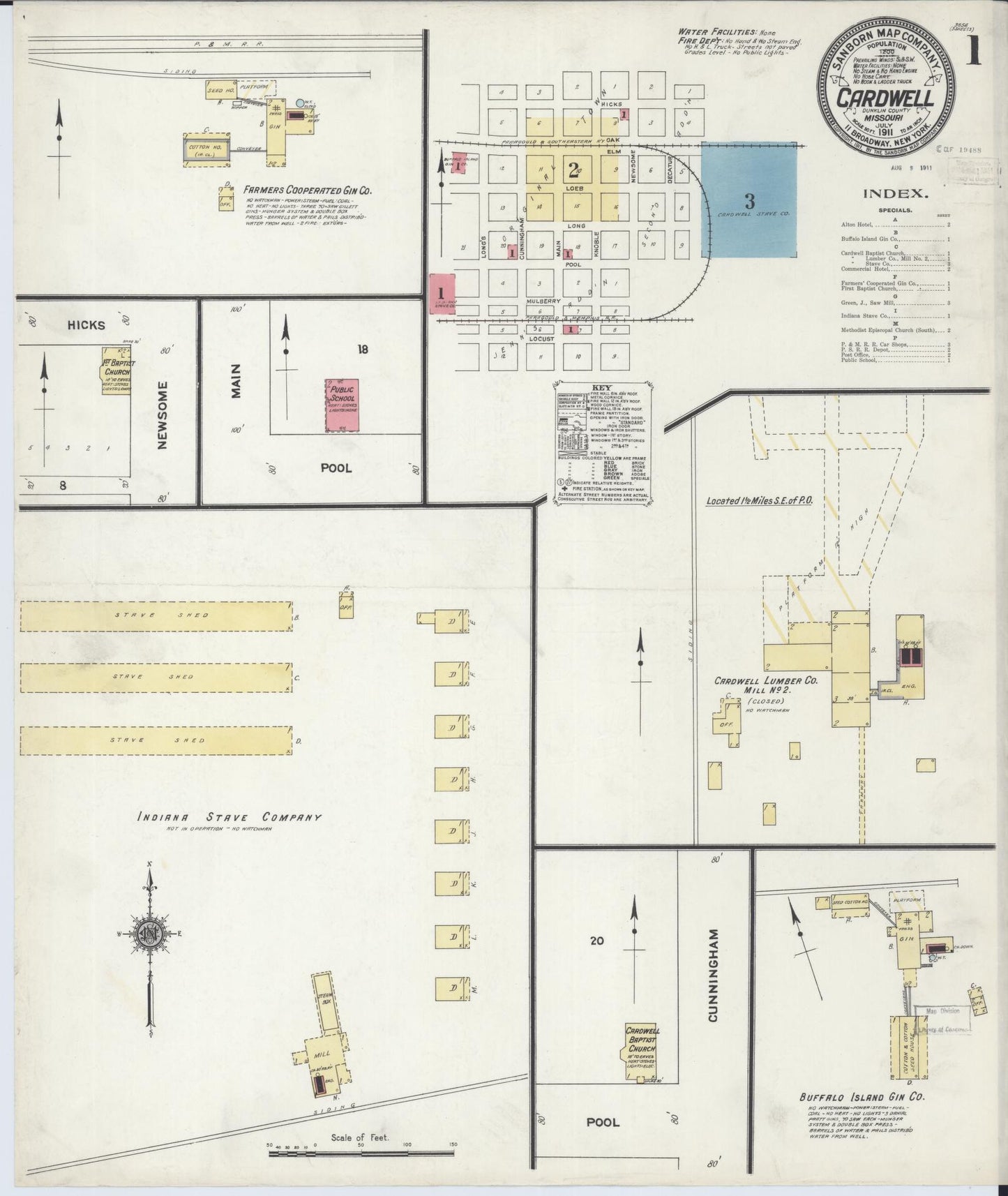 Sanborn Fire Insurance Map from Cardwell, Dunklin County, Missouri (1911), Sheet #0001 - Historic Sanborn Fire Insurance Map Print, vintage old map wall art, antique decor, genealogy gift, Missouri Missouri map
