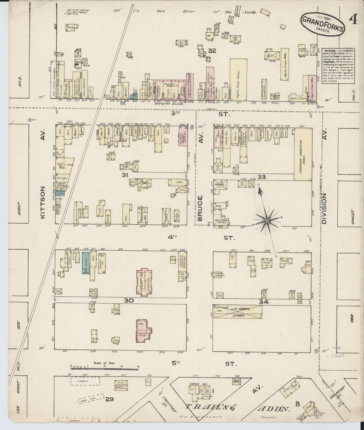 Sanborn Fire Insurance Map from Grand Forks, Grand Forks County, North Dakota (1884), Sheet #0004 - Historic Sanborn Fire Insurance Map Print, vintage old map wall art, antique decor, genealogy gift, North Dakota North Dakota map