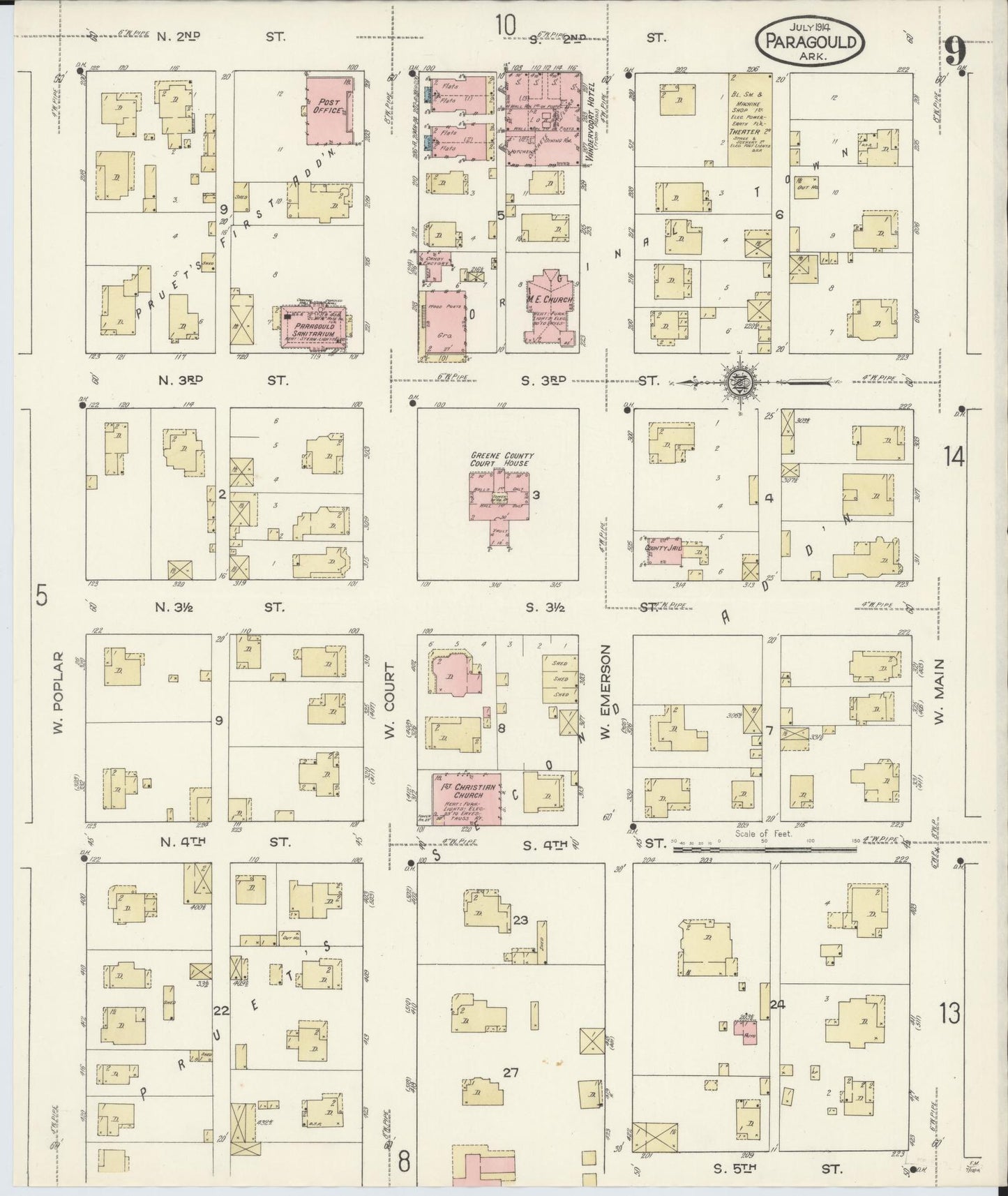 Sanborn Fire Insurance Map from Paragould, Greene County, Arkansas (1914), Sheet #0009 - Historic Sanborn Fire Insurance Map Print, vintage old map wall art, antique decor, genealogy gift, Arkansas Arkansas map