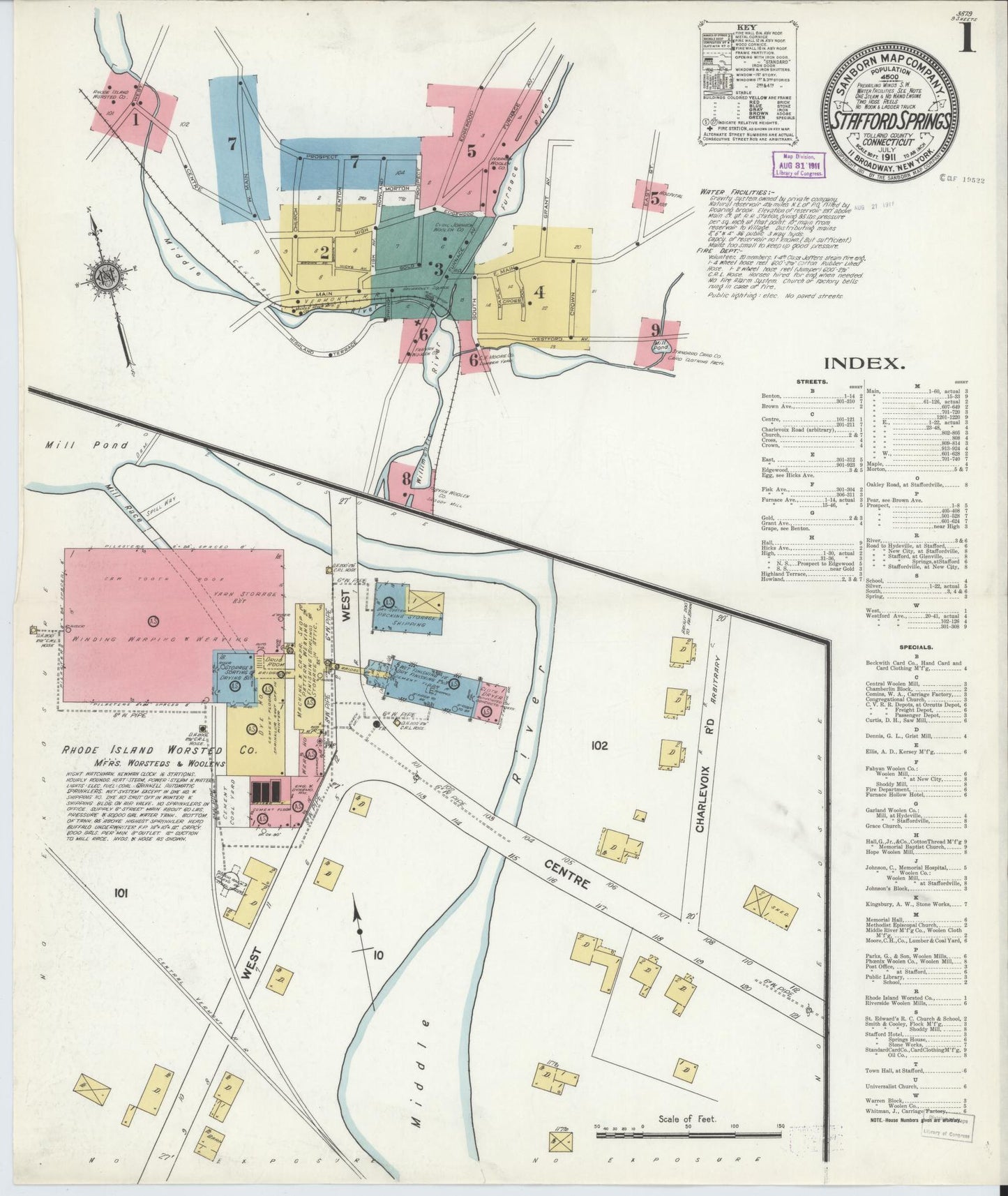 Sanborn Fire Insurance Map from Stafford Springs, Tolland County, Connecticut (1911), Sheet #0001 - Complete Map Set gallery image, historic Sanborn map, vintage wall art, Connecticut Connecticut