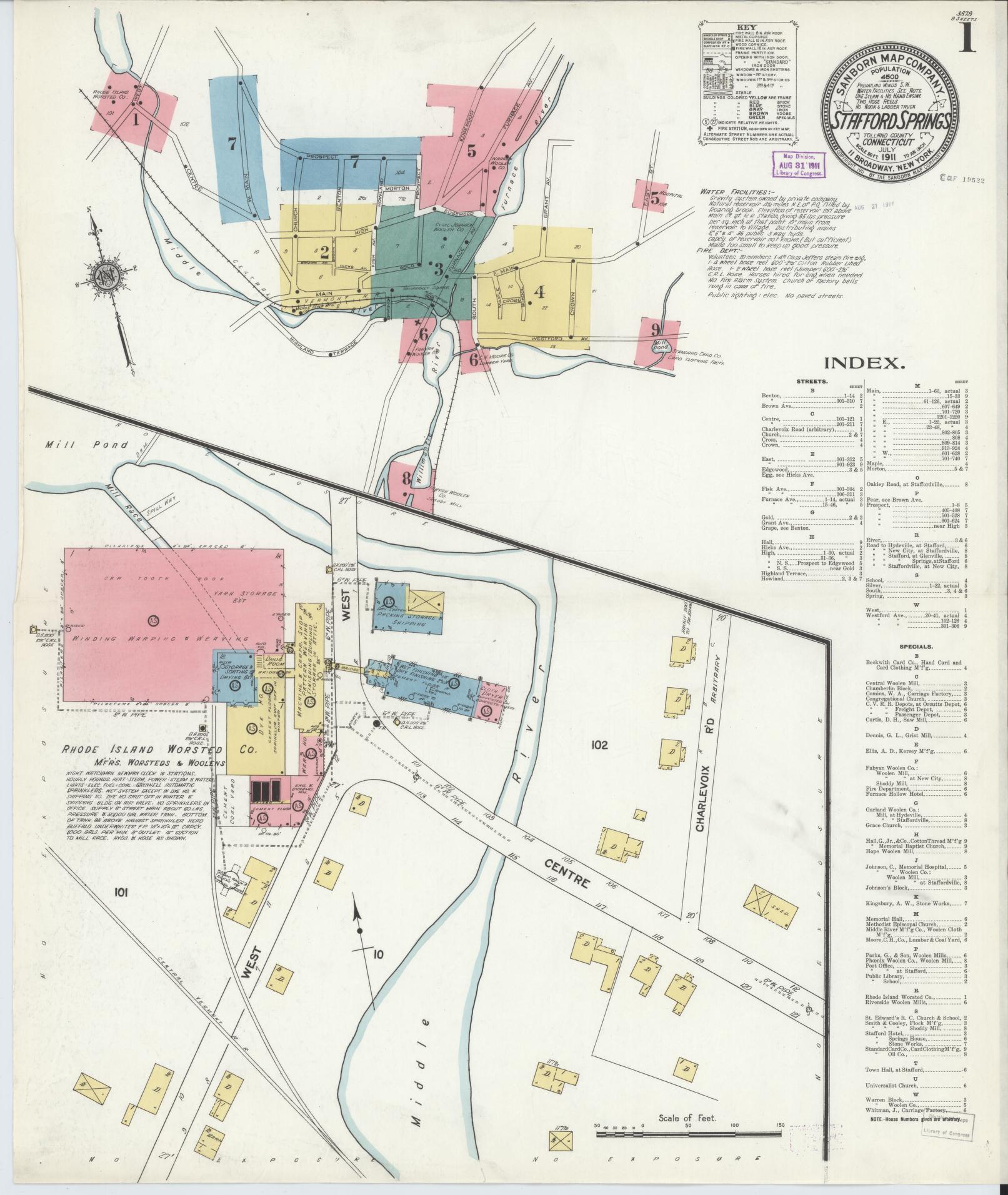 Sanborn Fire Insurance Map from Stafford Springs, Tolland County, Connecticut (1911), Sheet #0001 - Complete Map Set gallery image, historic Sanborn map, vintage wall art, Connecticut Connecticut