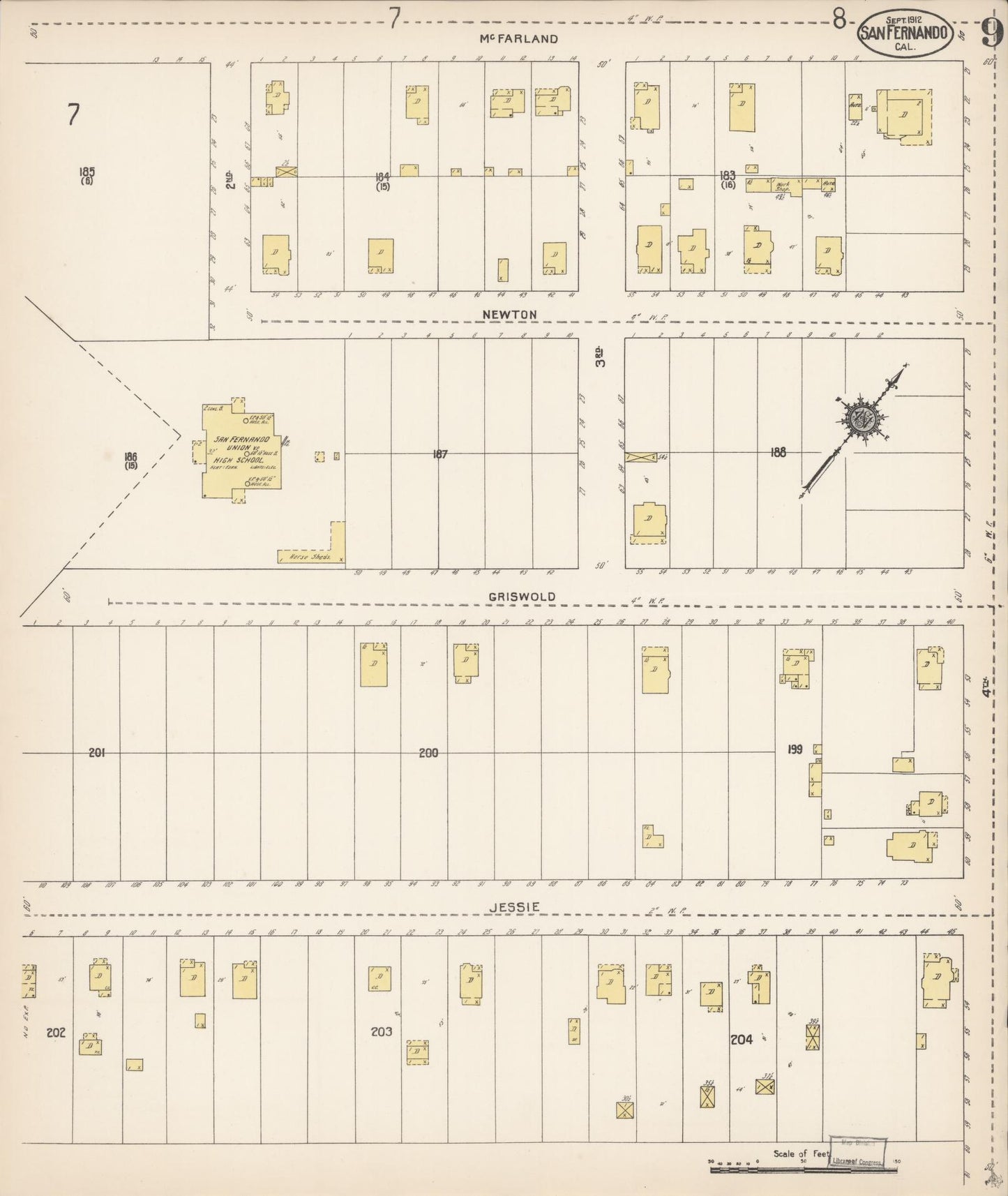 Sanborn Fire Insurance Map from San Fernando, Los Angeles County, California (1912), Sheet #0009 - Complete Map Set gallery image, historic Sanborn map, vintage wall art, California California
