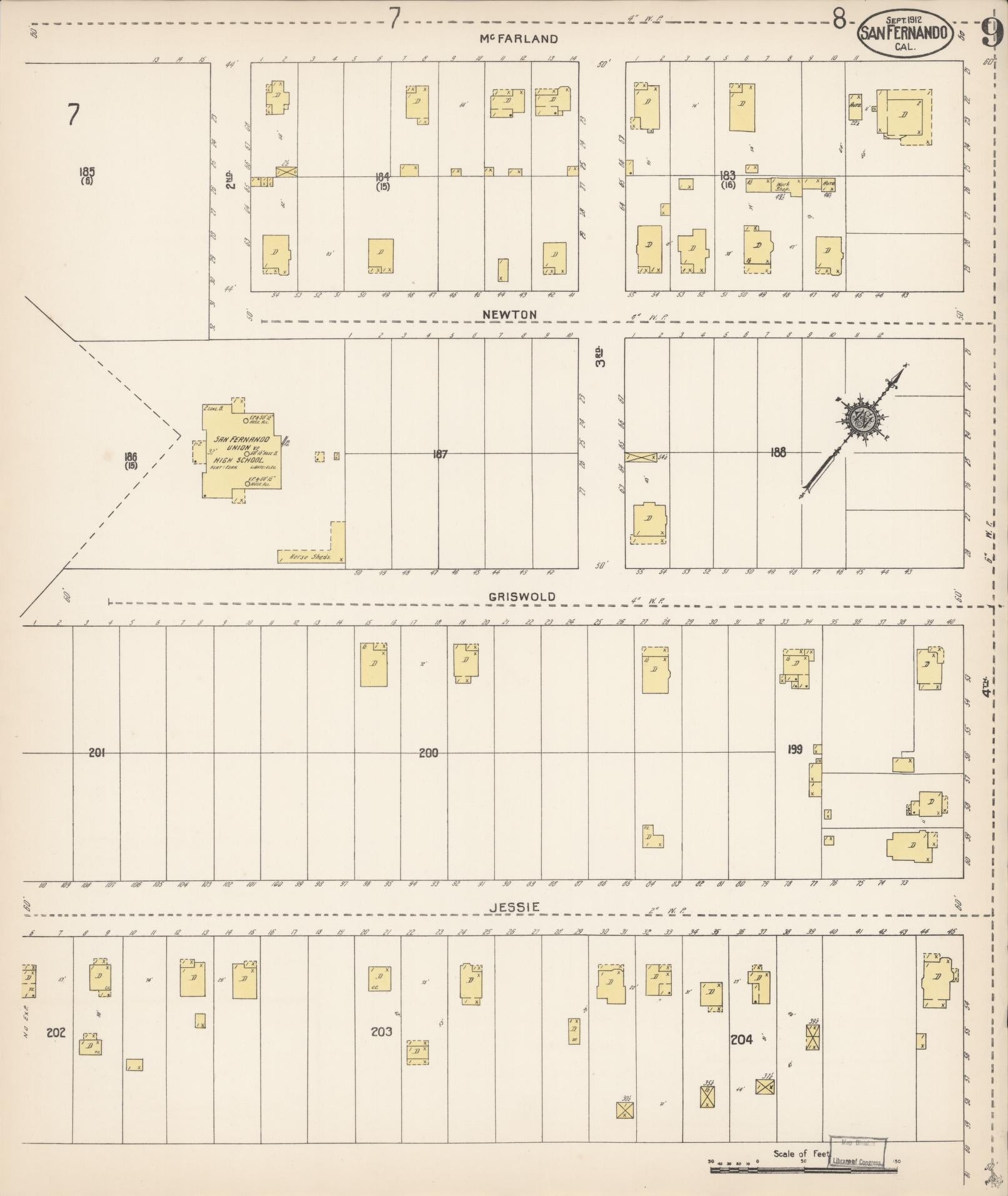 Sanborn Fire Insurance Map from San Fernando, Los Angeles County, California (1912), Sheet #0009 - Complete Map Set gallery image, historic Sanborn map, vintage wall art, California California