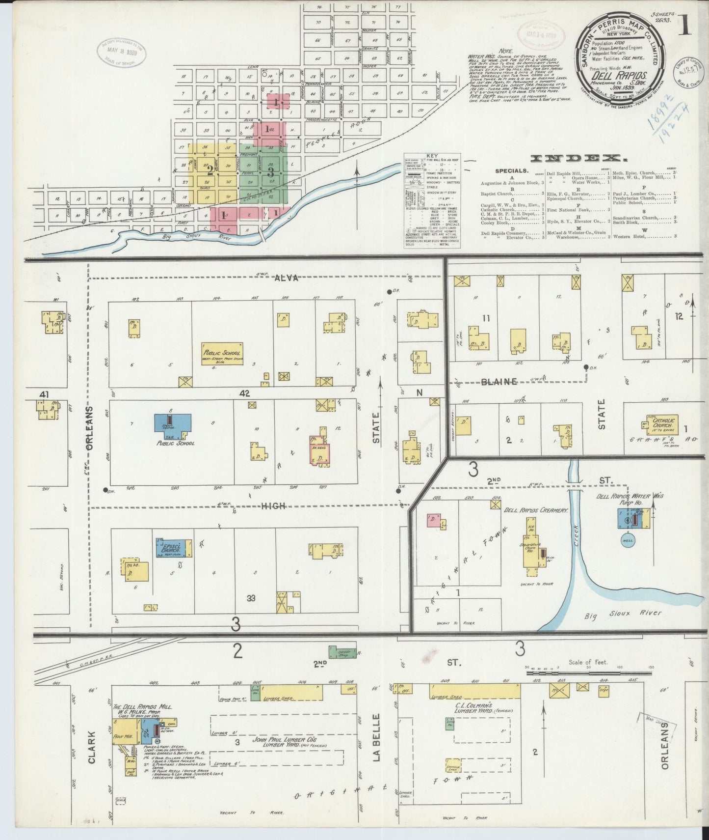 Sanborn Fire Insurance Map from Dell Rapids, Minnehaha County, South Dakota (1899), Sheet #0001 - Complete Map Set gallery image, historic Sanborn map, vintage wall art, South Dakota South Dakota