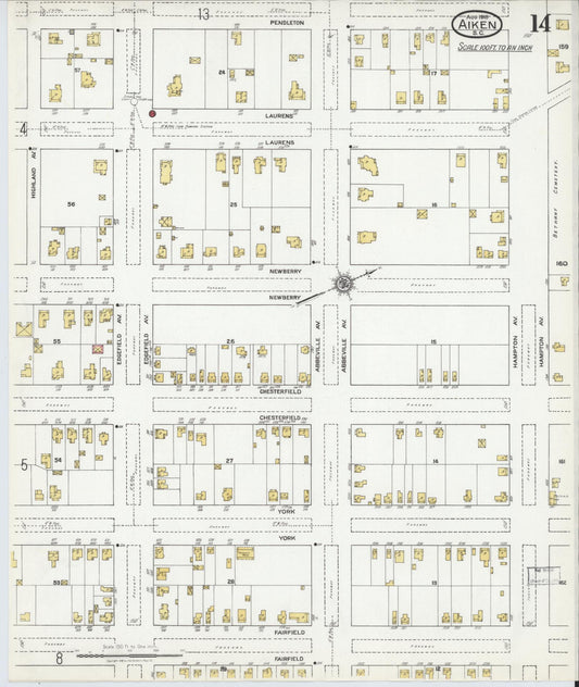 Sanborn Fire Insurance Map from Aiken, Aiken County, South Carolina (1918), Sheet #0014 - Historic Sanborn Fire Insurance Map Print, vintage old map wall art, antique decor, genealogy gift, South Carolina South Carolina map