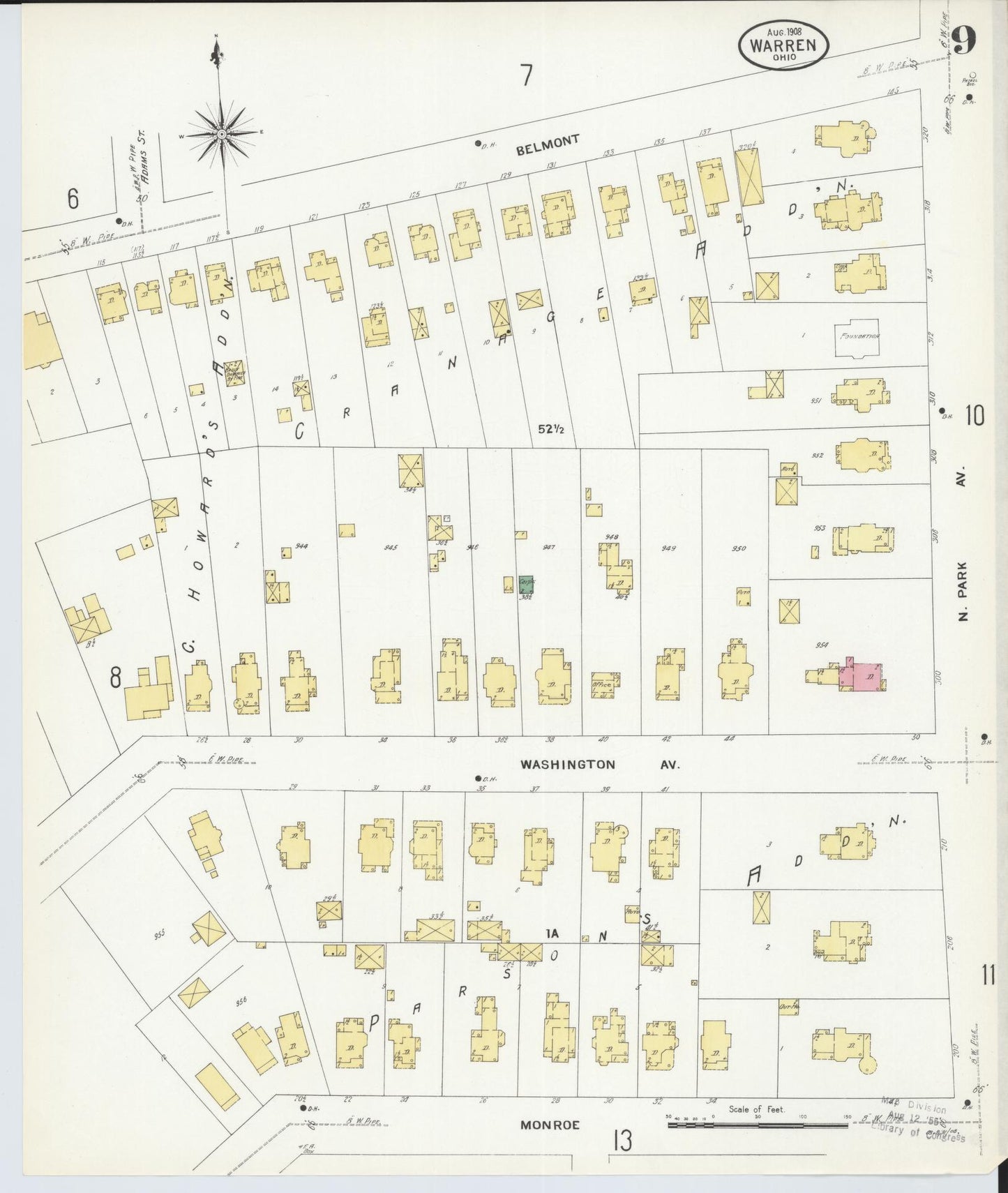 Sanborn Fire Insurance Map from Warren, Trumbull County, Ohio (1908), Sheet #0009 - Complete Map Set gallery image, historic Sanborn map, vintage wall art, Ohio Ohio