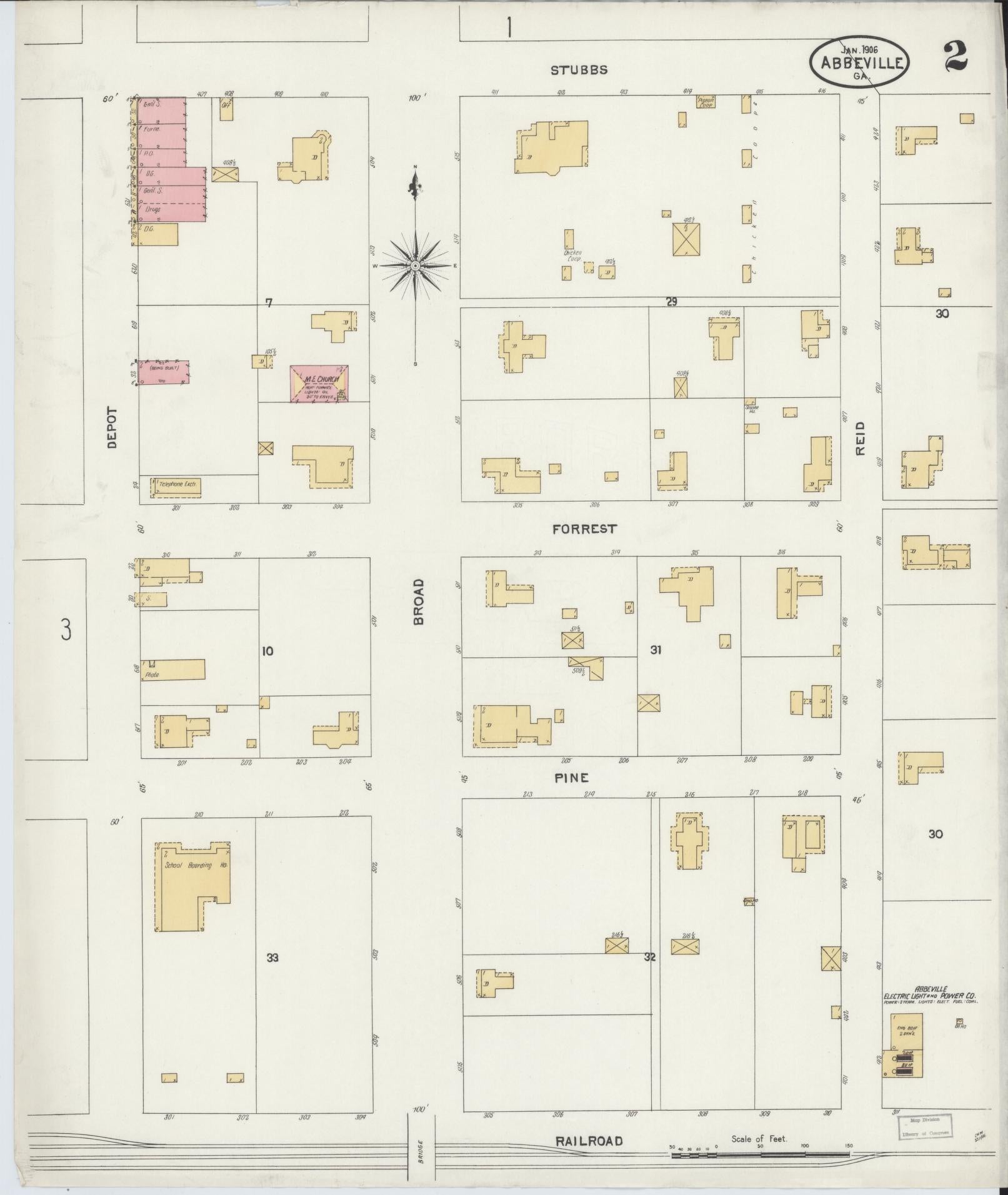 Sanborn Fire Insurance Map from Abbeville, Wilcox County, Georgia (1906), Sheet #0002 - Historic Sanborn Fire Insurance Map Print, vintage old map wall art, antique decor, genealogy gift, Georgia Georgia map