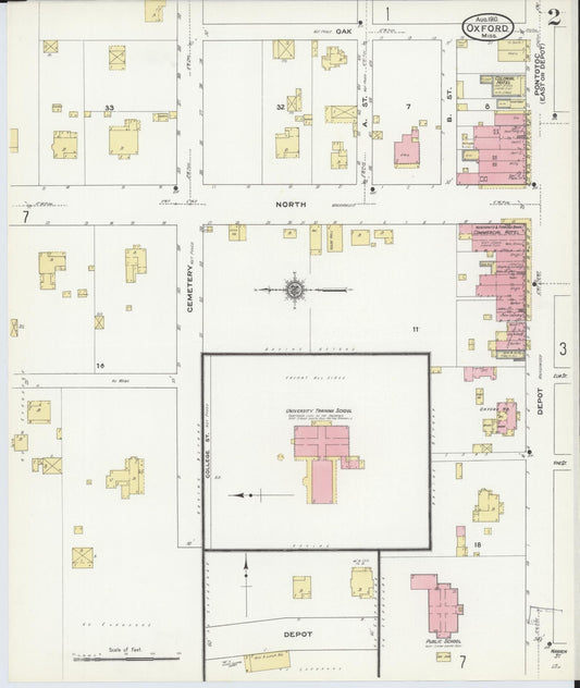 Sanborn Fire Insurance Map from Oxford, Lafayette County, Mississippi (1910), Sheet #0002 - Historic Sanborn Fire Insurance Map Print, vintage old map wall art, antique decor, genealogy gift, Mississippi Mississippi map
