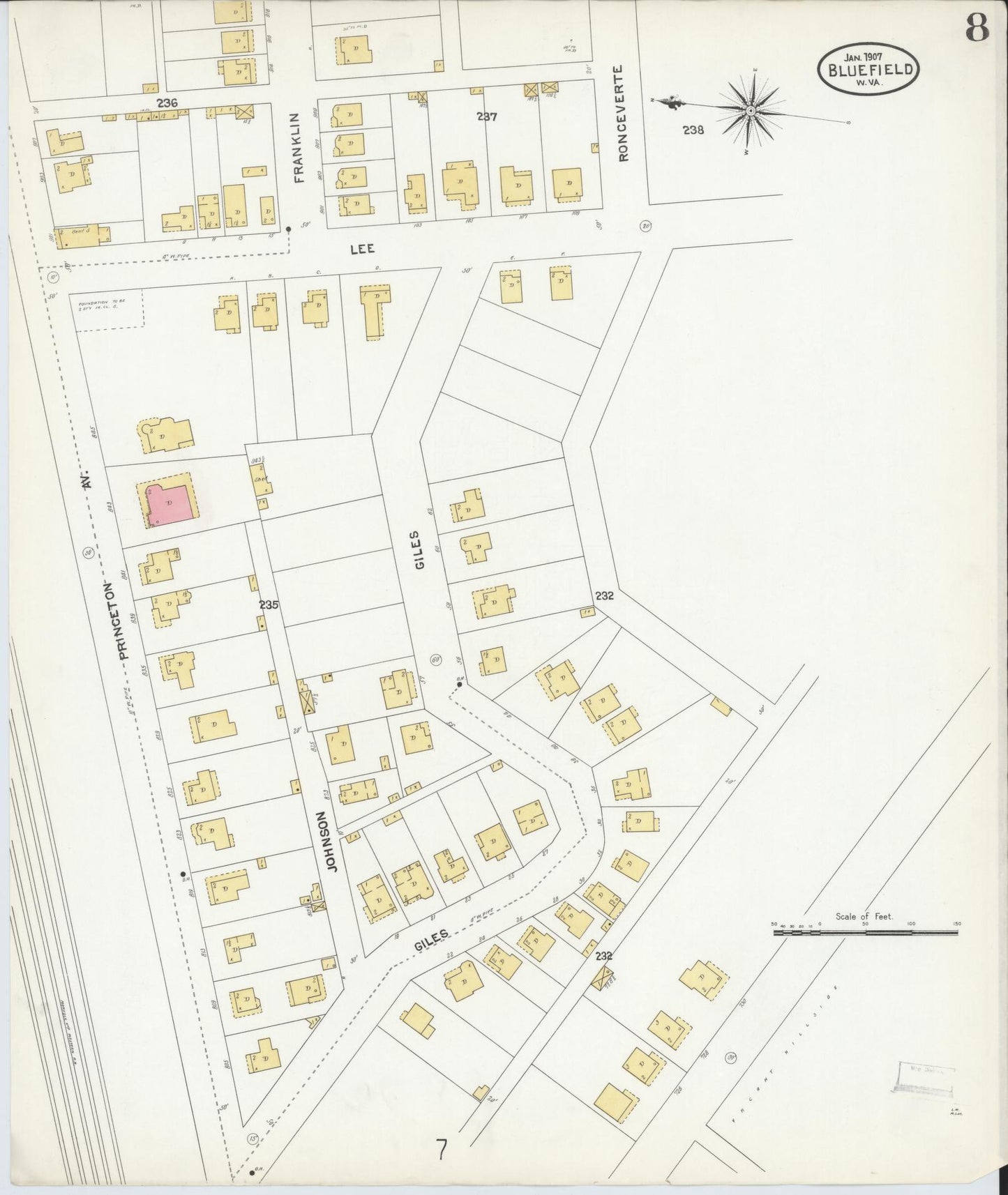 Sanborn Fire Insurance Map from Bluefield, Mercer County, West Virginia (1907), Sheet #0008 - Complete Map Set gallery image, historic Sanborn map, vintage wall art, West Virginia West Virginia