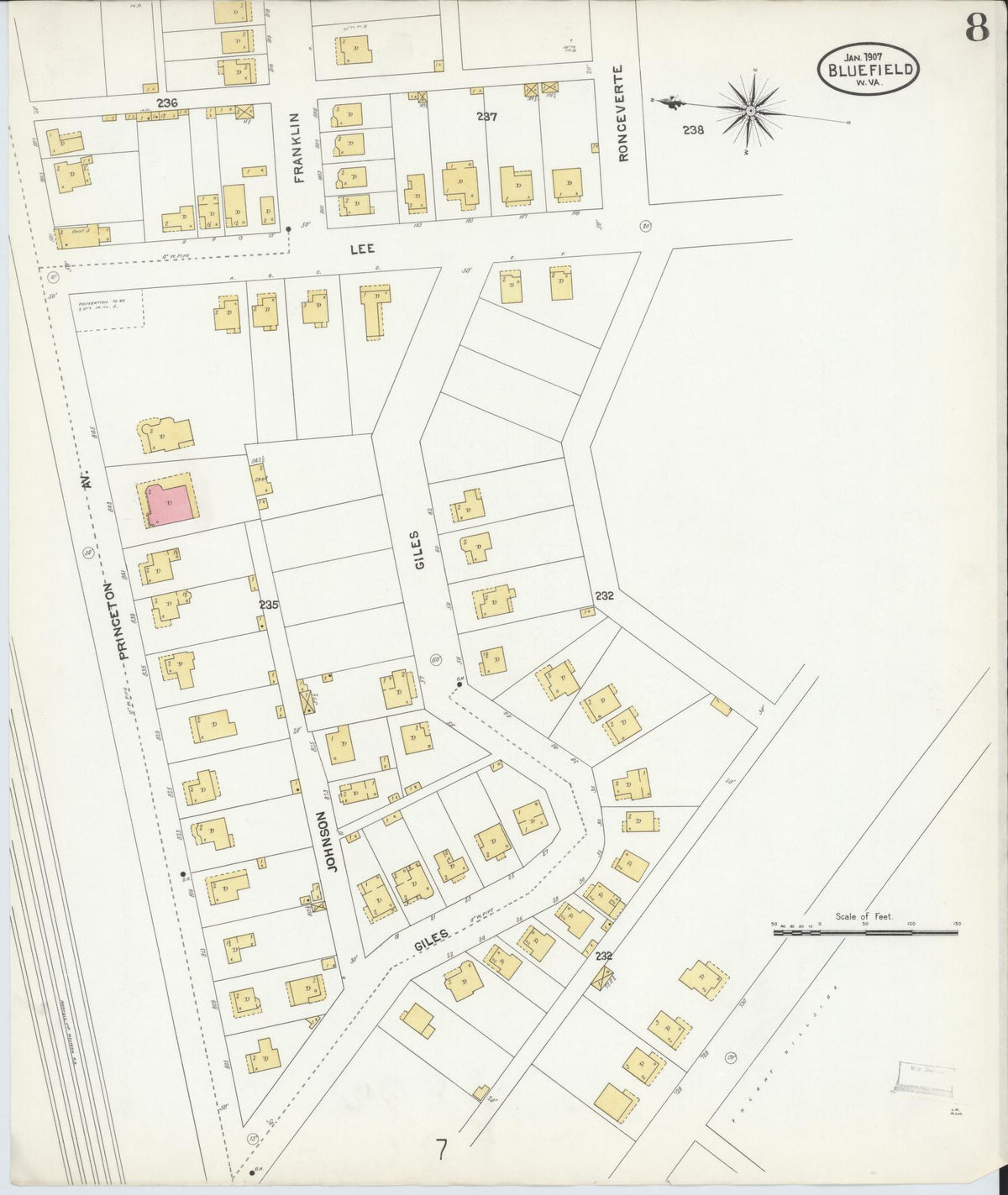 Sanborn Fire Insurance Map from Bluefield, Mercer County, West Virginia (1907), Sheet #0008 - Complete Map Set gallery image, historic Sanborn map, vintage wall art, West Virginia West Virginia