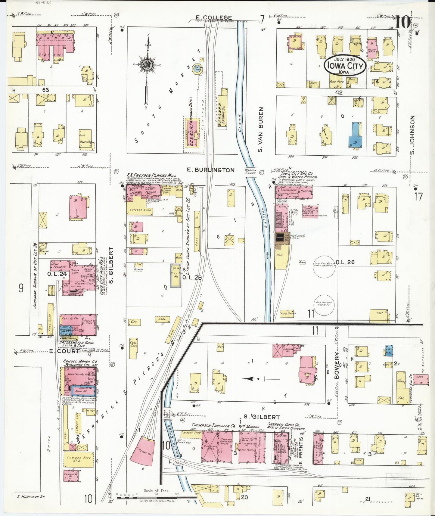 Sanborn Fire Insurance Map from Iowa City, Johnson County, Iowa (1920), Sheet #0010 - Historic Sanborn Fire Insurance Map Print, vintage old map wall art