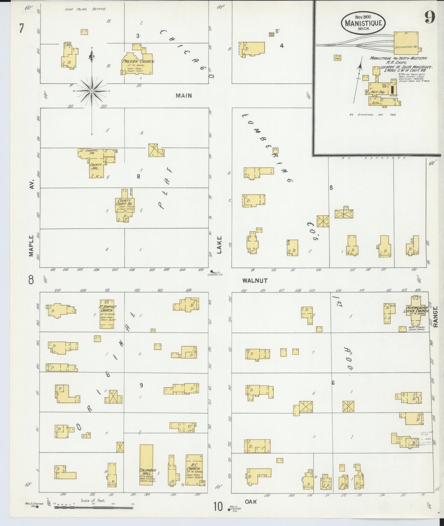 Sanborn Fire Insurance Map from Manistique, Schoolcraft County, Michigan (1900), Sheet #0009 - Complete Map Set gallery image, historic Sanborn map, vintage wall art, Michigan Michigan