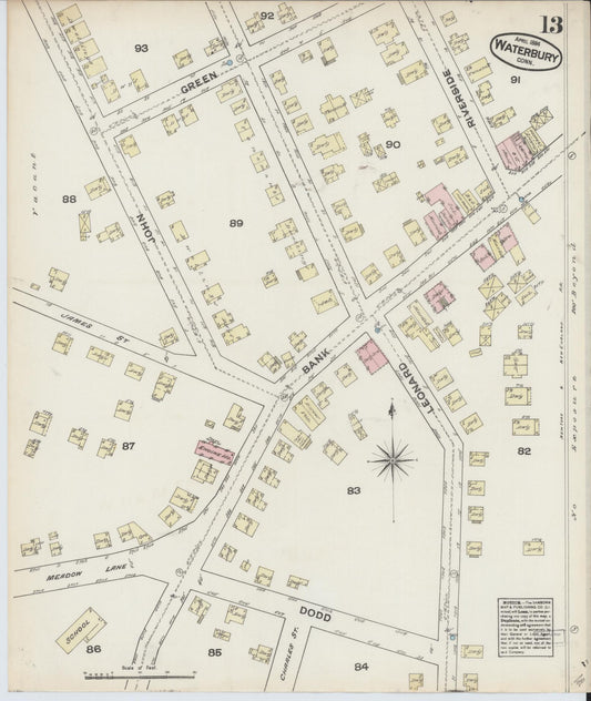 Sanborn Fire Insurance Map from Waterbury, New Haven County, Connecticut (1884), Sheet #0013 - Historic Sanborn Fire Insurance Map Print, vintage old map wall art, antique decor, genealogy gift, Connecticut Connecticut map