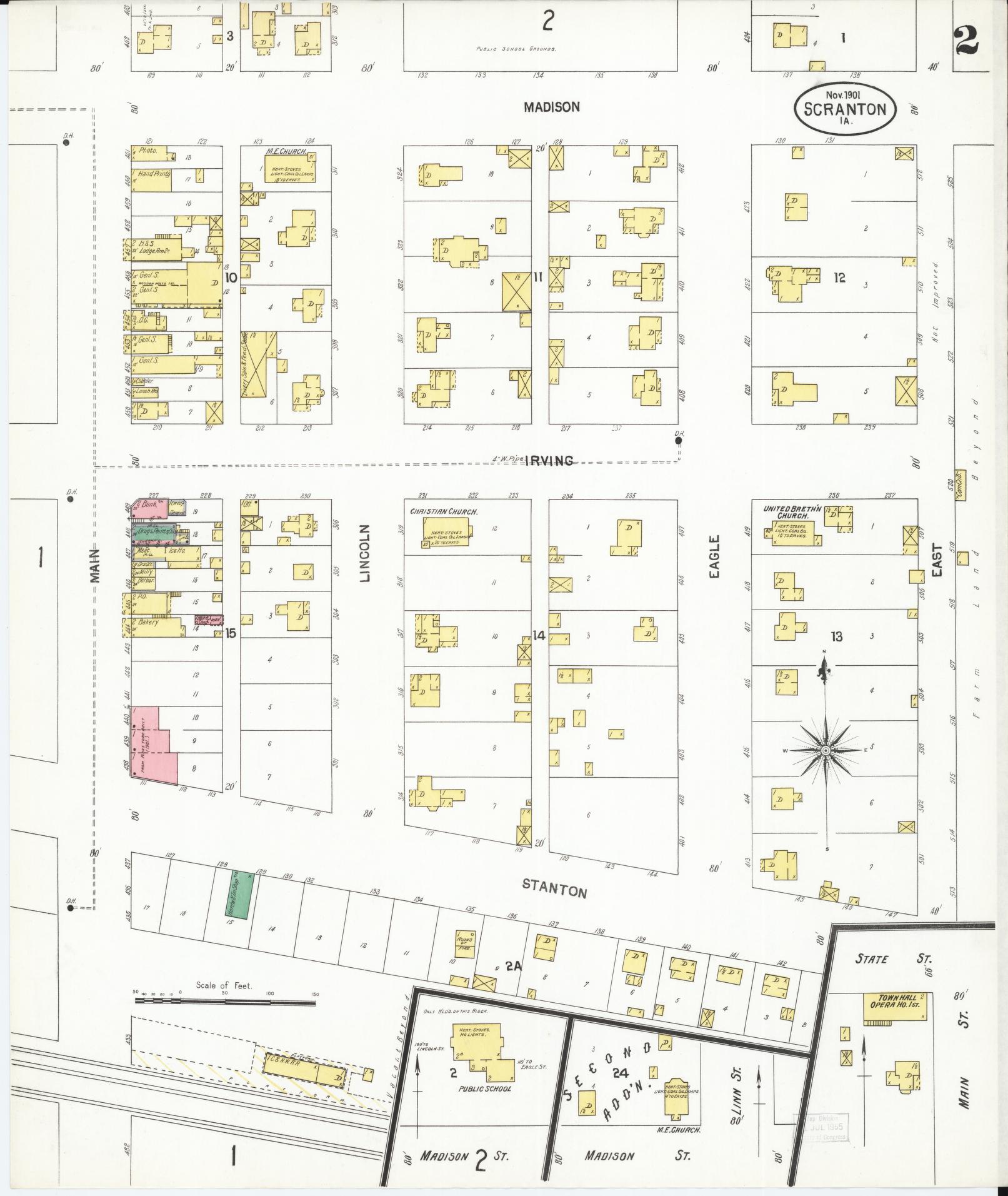 Sanborn Fire Insurance Map from Scranton, Greene County, Iowa (1901), Sheet #0002 - Historic Sanborn Fire Insurance Map Print, vintage old map wall art