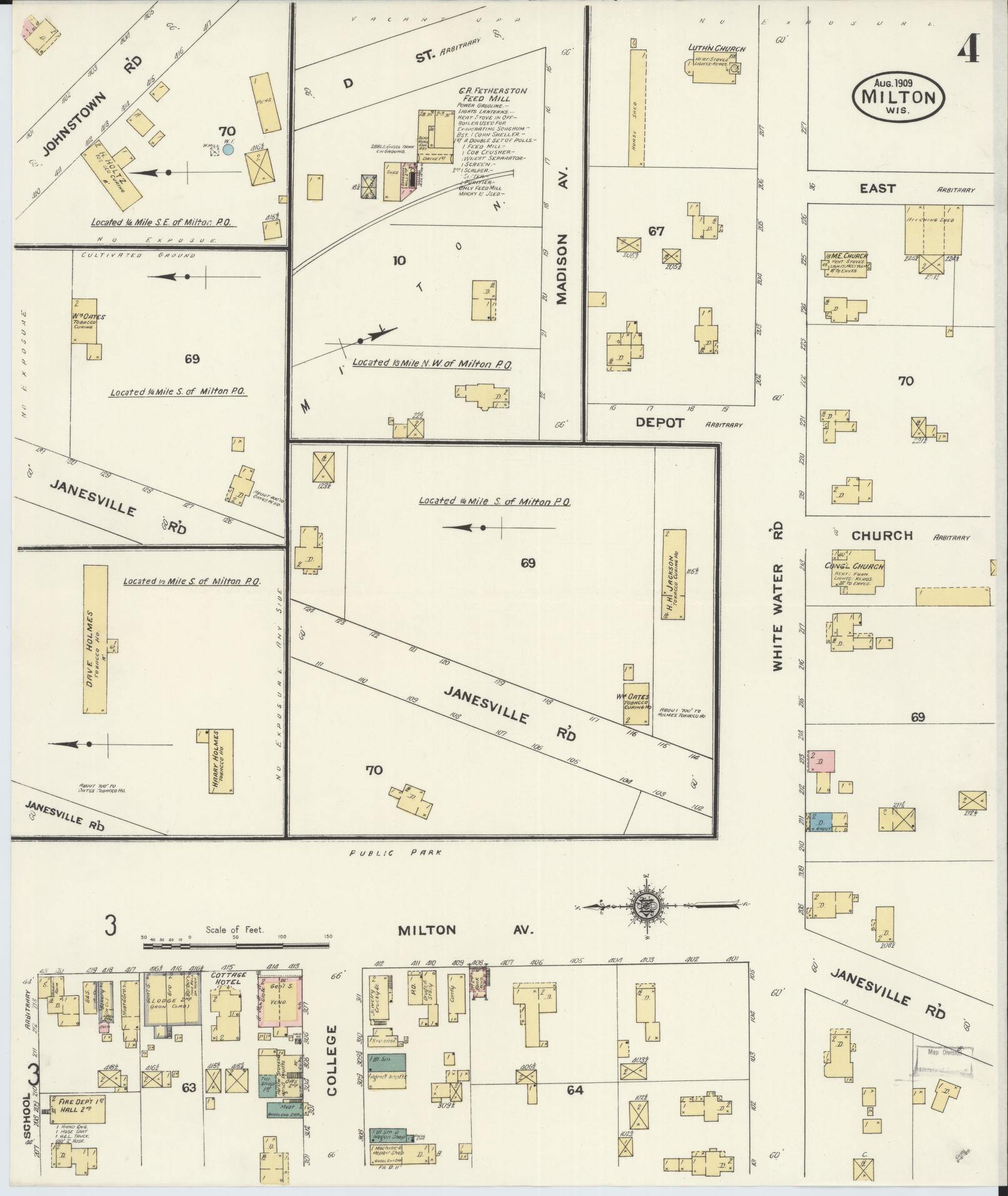 Sanborn Fire Insurance Map from Milton, Rock County, Wisconsin (1909), Sheet #0004 - Historic Sanborn Fire Insurance Map Print, vintage old map wall art, antique decor, genealogy gift, Wisconsin Wisconsin map