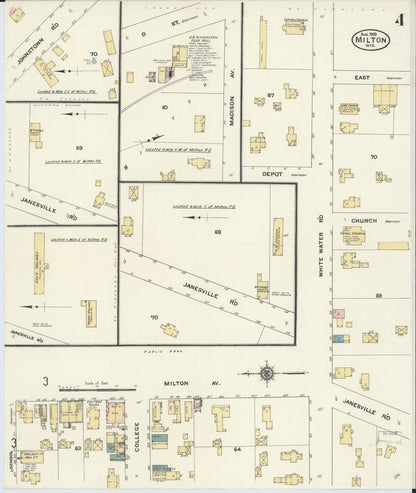 Sanborn Fire Insurance Map from Milton, Rock County, Wisconsin (1909), Sheet #0004 - Historic Sanborn Fire Insurance Map Print, vintage old map wall art, antique decor, genealogy gift, Wisconsin Wisconsin map