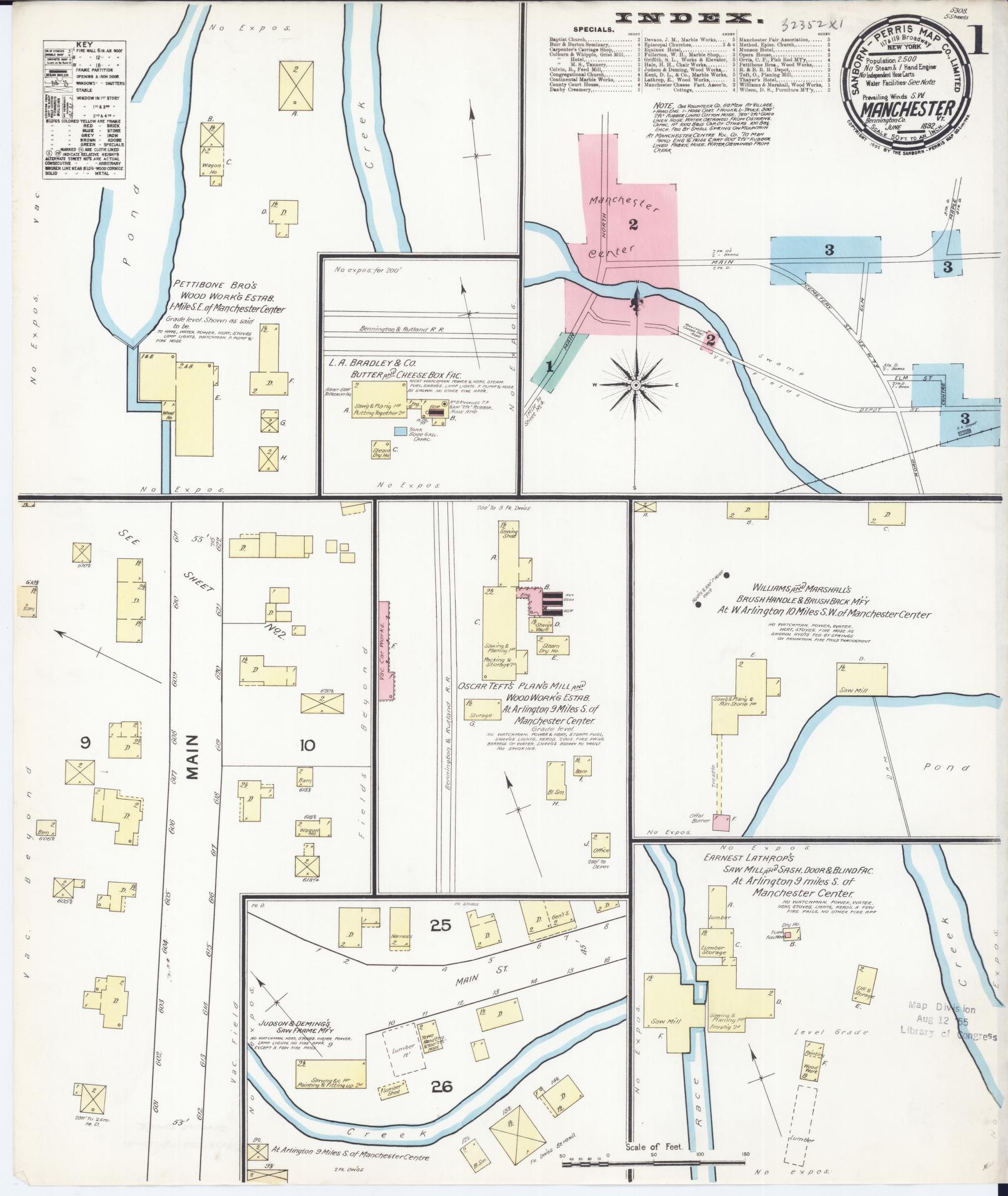 Sanborn Fire Insurance Map from Manchester, Bennington County, Vermont. (1892), Sheet 1 – Historic Sanborn Fire Insurance Map Print