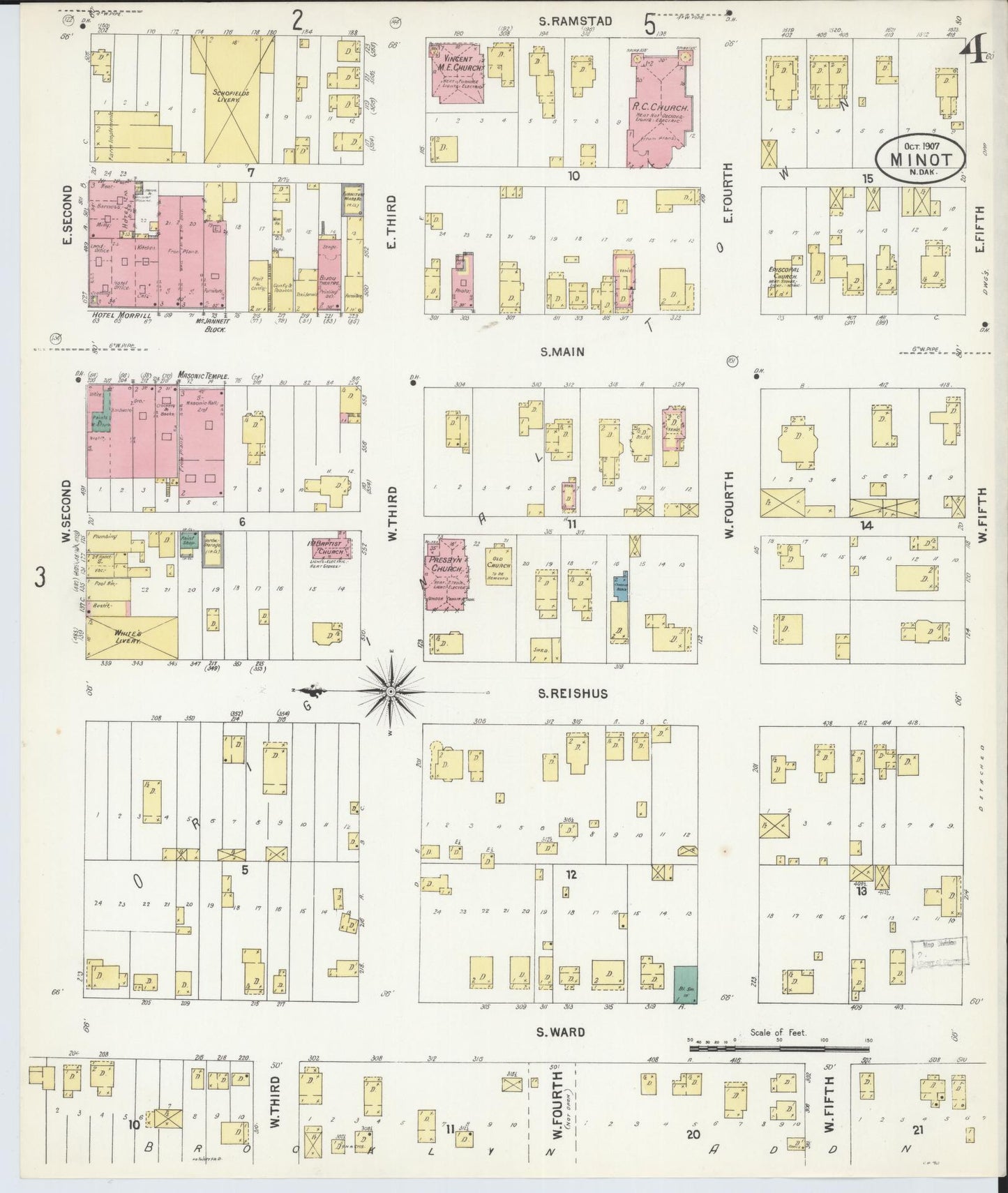 Sanborn Fire Insurance Map from Minot, Ward County, North Dakota (1907), Sheet #0004 - Historic Sanborn Fire Insurance Map Print, vintage old map wall art, antique decor, genealogy gift, North Dakota North Dakota map