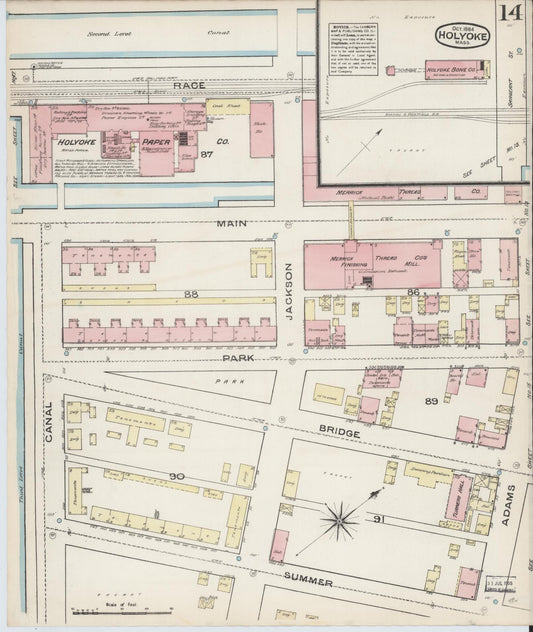 Sanborn Fire Insurance Map from Holyoke, Hampden County, Massachusetts (1884), Sheet #0014 - Historic Sanborn Fire Insurance Map Print, vintage old map wall art, antique decor, genealogy gift, Massachusetts Massachusetts map