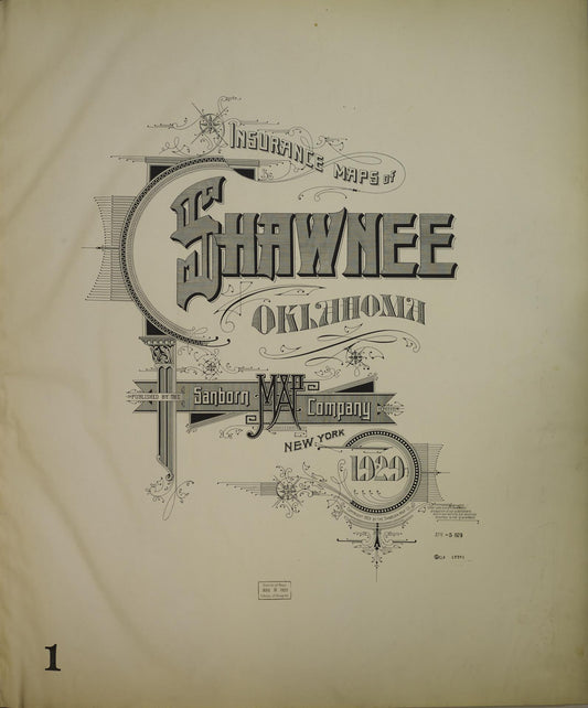 Sanborn Fire Insurance Map from Shawnee, Pottawatomie County, Oklahoma (1929), Sheet #0001 - Historic Sanborn Fire Insurance Map Print, vintage old map wall art, antique decor, genealogy gift, Oklahoma Oklahoma map