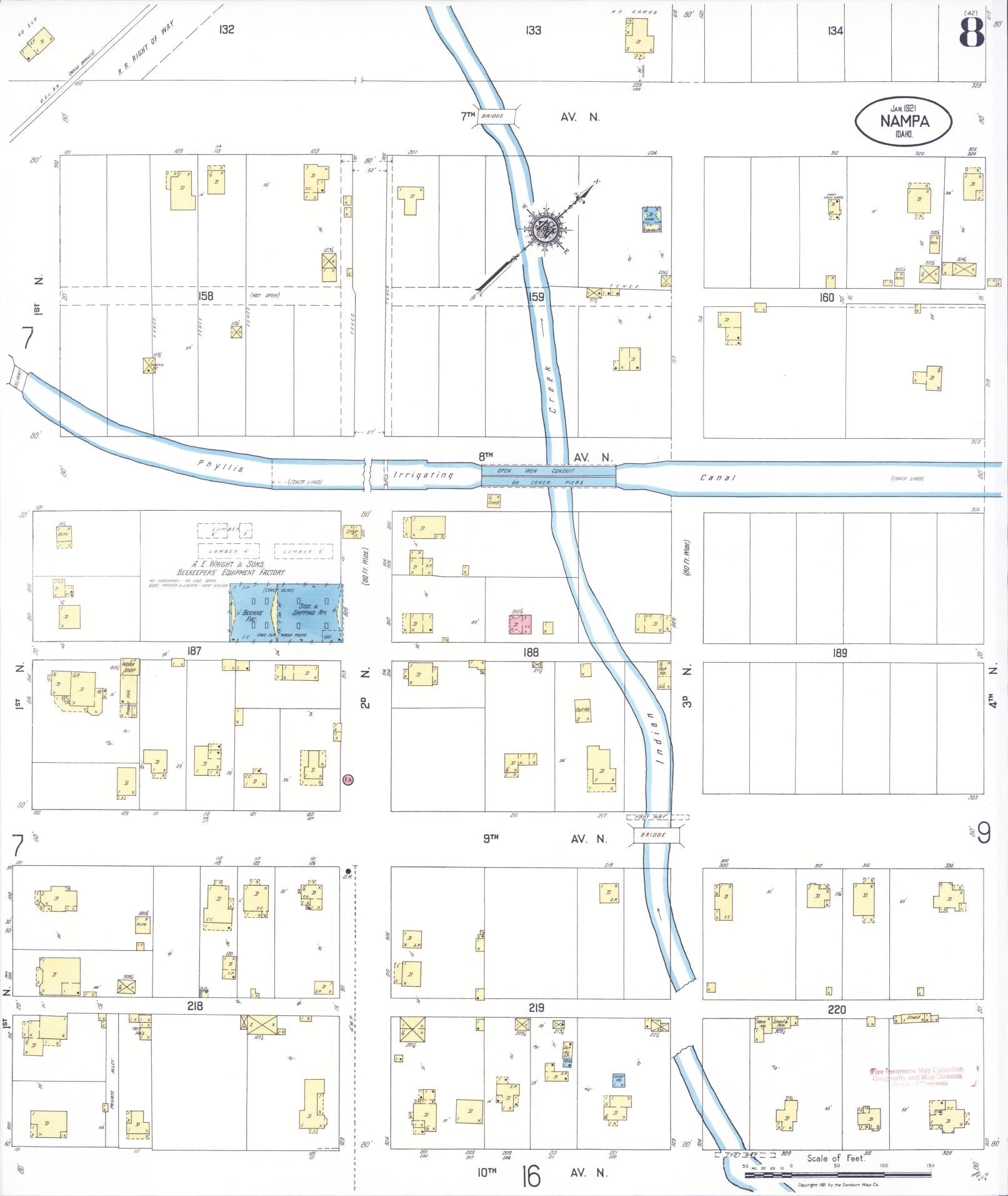 Sanborn Fire Insurance Map from Nampa, Canyon County, Idaho (1921), Sheet #0008 - Historic Sanborn Fire Insurance Map Print, vintage old map wall art, antique decor, genealogy gift, Idaho Idaho map