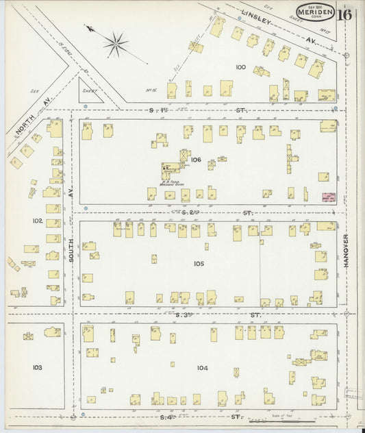 Sanborn Fire Insurance Map from Meriden, New Haven County, Connecticut (1891), Sheet #0016 - Historic Sanborn Fire Insurance Map Print, vintage old map wall art, antique decor, genealogy gift, Connecticut Connecticut map