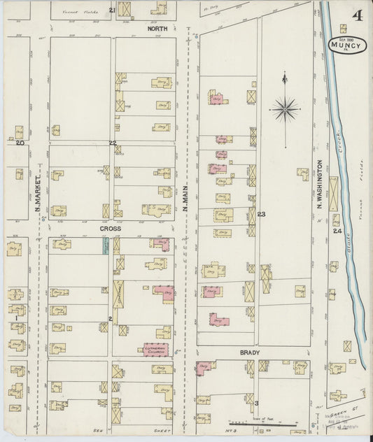Sanborn Fire Insurance Map from Muncy, Lycoming County, Pennsylvania (1890), Sheet #0004 - Historic Sanborn Fire Insurance Map Print, vintage old map wall art, antique decor, genealogy gift, Pennsylvania Pennsylvania map