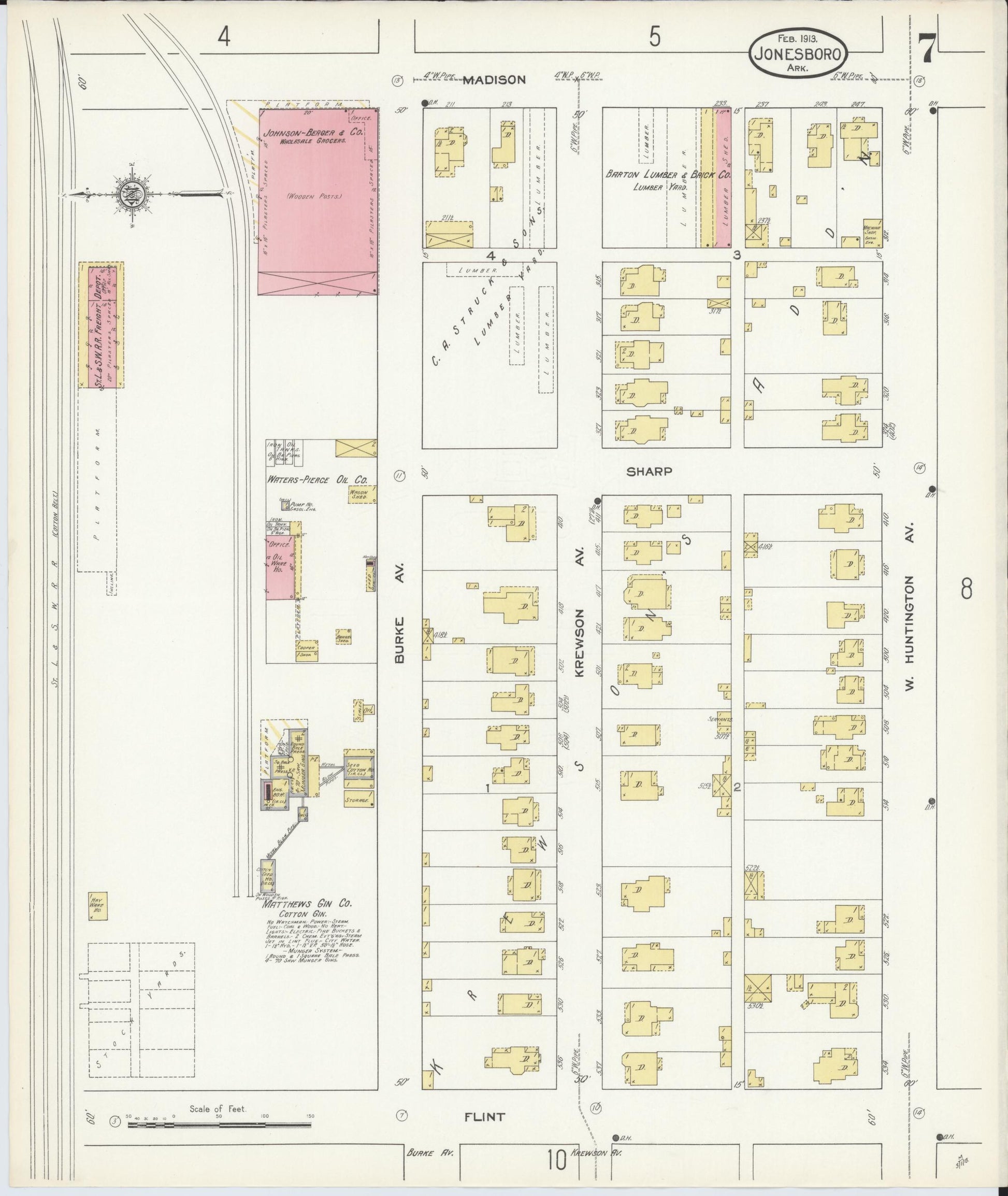 Sanborn Fire Insurance Map from Jonesboro, Craighead County, Arkansas (1913), Sheet #0007 - Historic Sanborn Fire Insurance Map Print, vintage old map wall art, antique decor, genealogy gift, Arkansas Arkansas map
