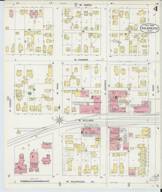 Sanborn Fire Insurance Map from Kalamazoo, Kalamazoo County, Michigan (1896), Sheet #0004 - Historic Sanborn Fire Insurance Map Print, vintage old map wall art, antique decor, genealogy gift, Michigan Michigan map