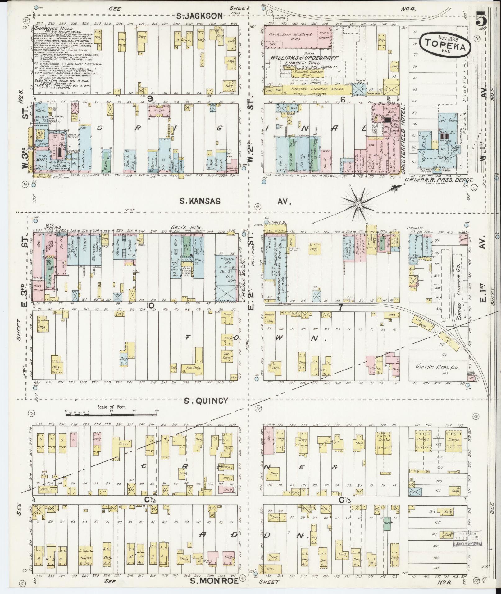 Sanborn Fire Insurance Map from Topeka, Shawnee County, Kansas (1889), Sheet #0006 - Historic Sanborn Fire Insurance Map Print, vintage old map wall art, antique decor, genealogy gift, Kansas Kansas map