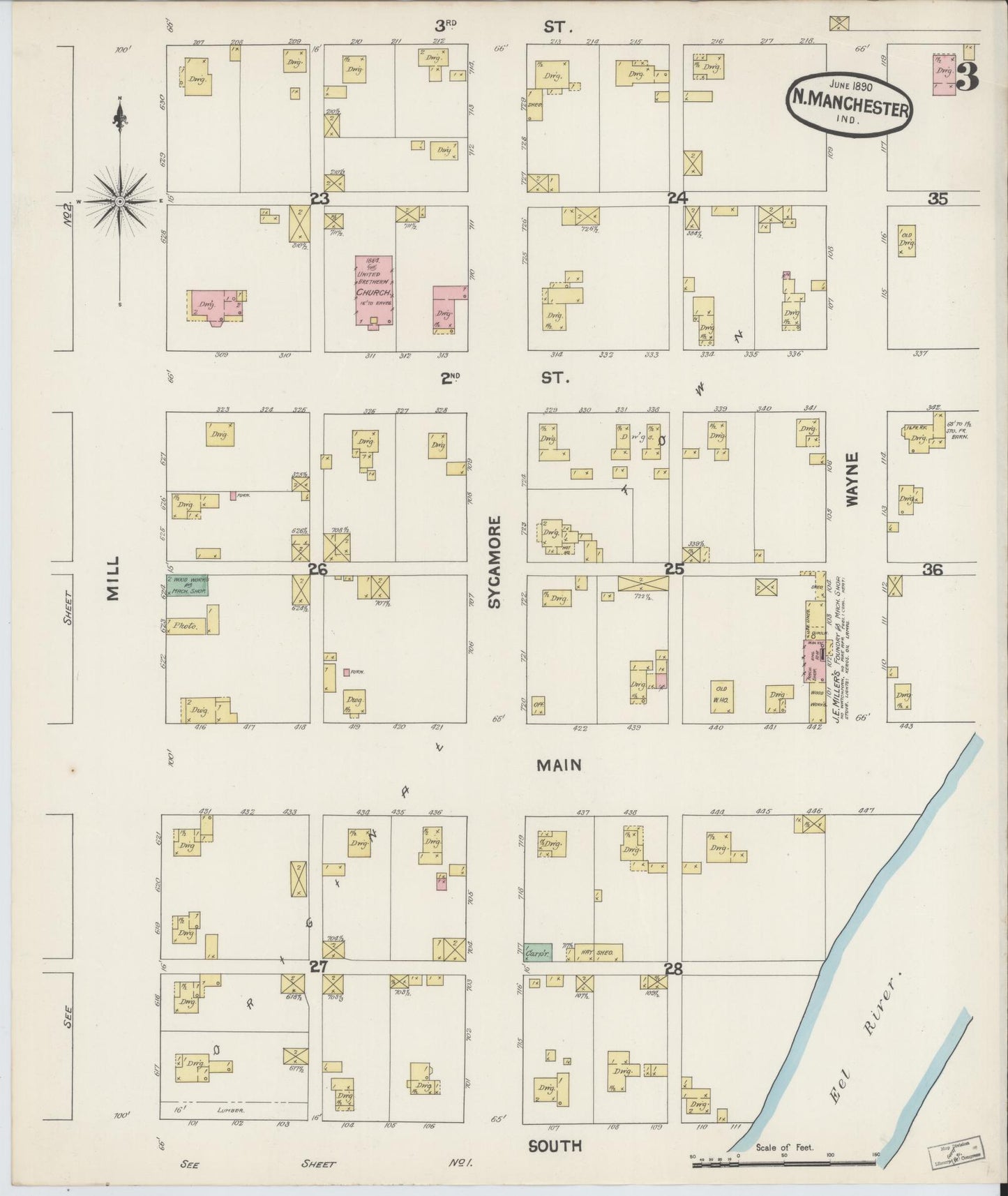 Sanborn Fire Insurance Map from North Manchester, Wabash County, Indiana (1890), Sheet #0003 - Complete Map Set gallery image, historic Sanborn map, vintage wall art, Indiana Indiana