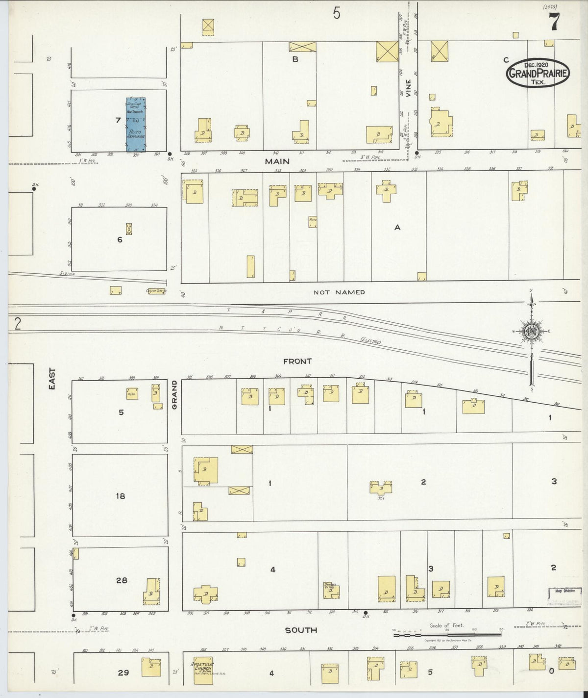 Sanborn Fire Insurance Map from Grand Prairie, Dallas County, Texas (1920), Sheet #0007 - Complete Map Set gallery image, historic Sanborn map, vintage wall art, Texas Texas