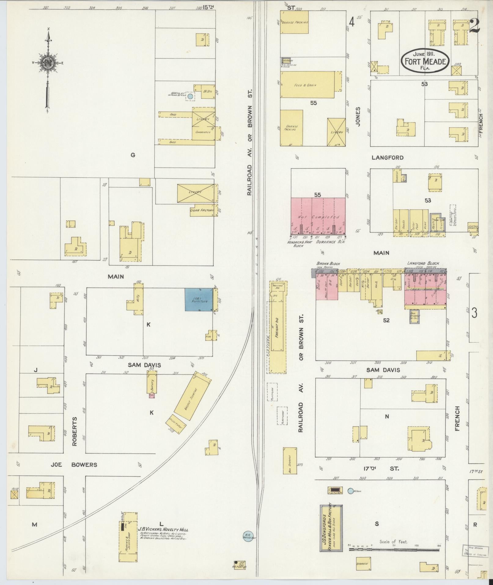 Sanborn Fire Insurance Map from Fort Meade, Polk County, Florida (1911), Sheet #0002 - Complete Map Set gallery image, historic Sanborn map, vintage wall art, Florida Florida
