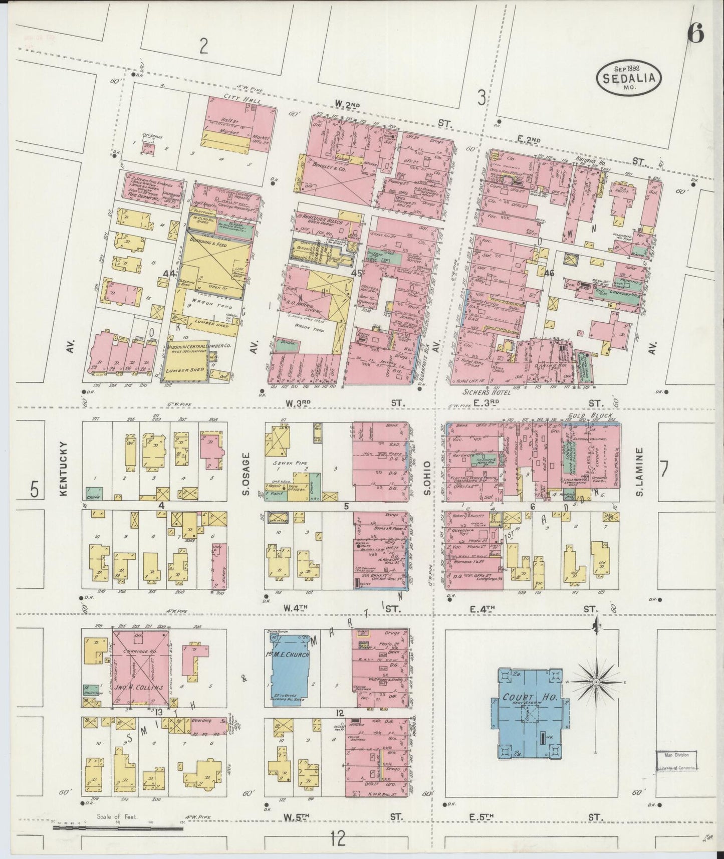 Sanborn Fire Insurance Map from Sedalia, Pettis County, Missouri (1898), Sheet #0006 - Complete Map Set gallery image, historic Sanborn map, vintage wall art, Missouri Missouri