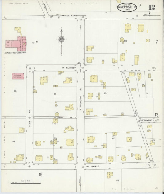 Sanborn Fire Insurance Map from Fayetteville, Lincoln County, Tennessee (1914), Sheet #0012 - Historic Sanborn Fire Insurance Map Print, vintage old map wall art, antique decor, genealogy gift, Tennessee Tennessee map